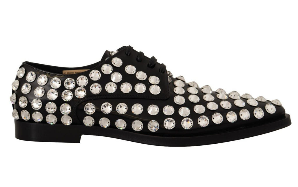 Chaussures formelles en cuir noir Dolce & Gabbana avec cristaux et lacets, élégantes et sophistiquées.