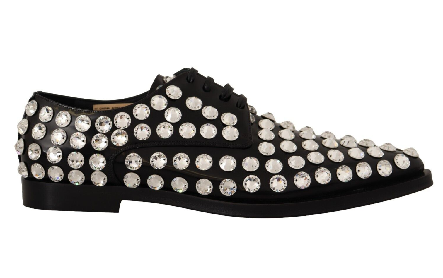 Chaussures formelles en cuir noir Dolce & Gabbana avec cristaux et lacets, élégantes et sophistiquées.