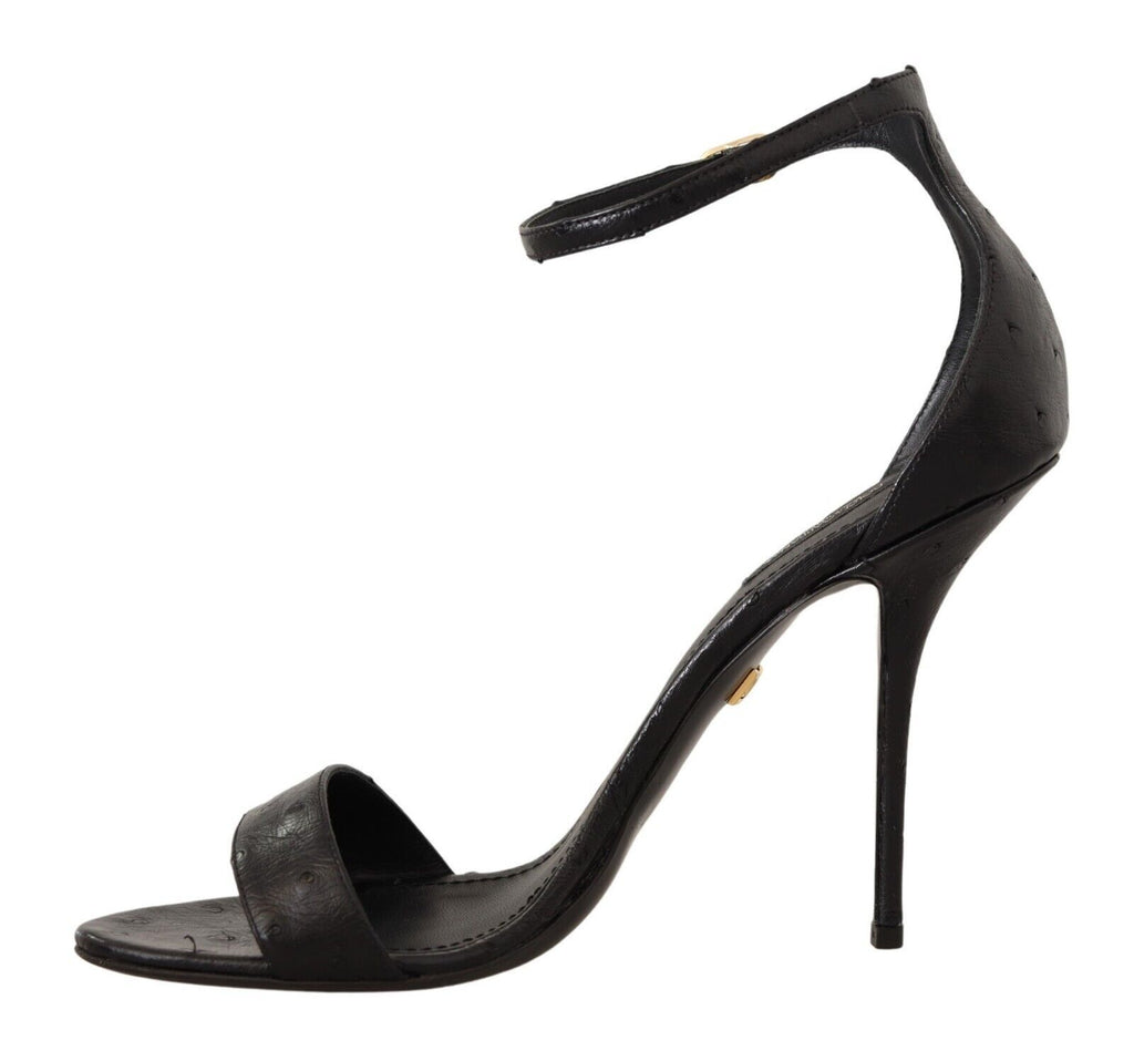 Sandales à talons Dolce & Gabbana noires en ostrich avec bride à la cheville, vue de côté