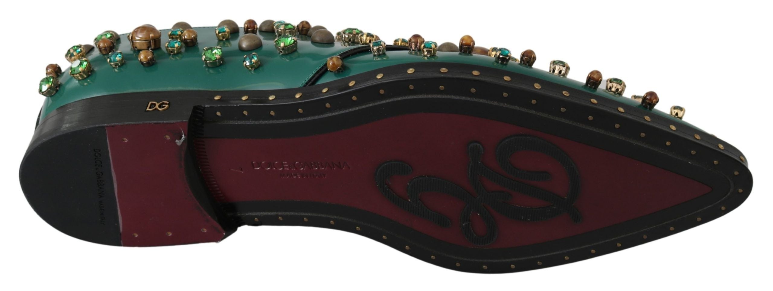Chaussures Dolce & Gabbana en cuir vert avec cristaux, style brogue, vue de face.
