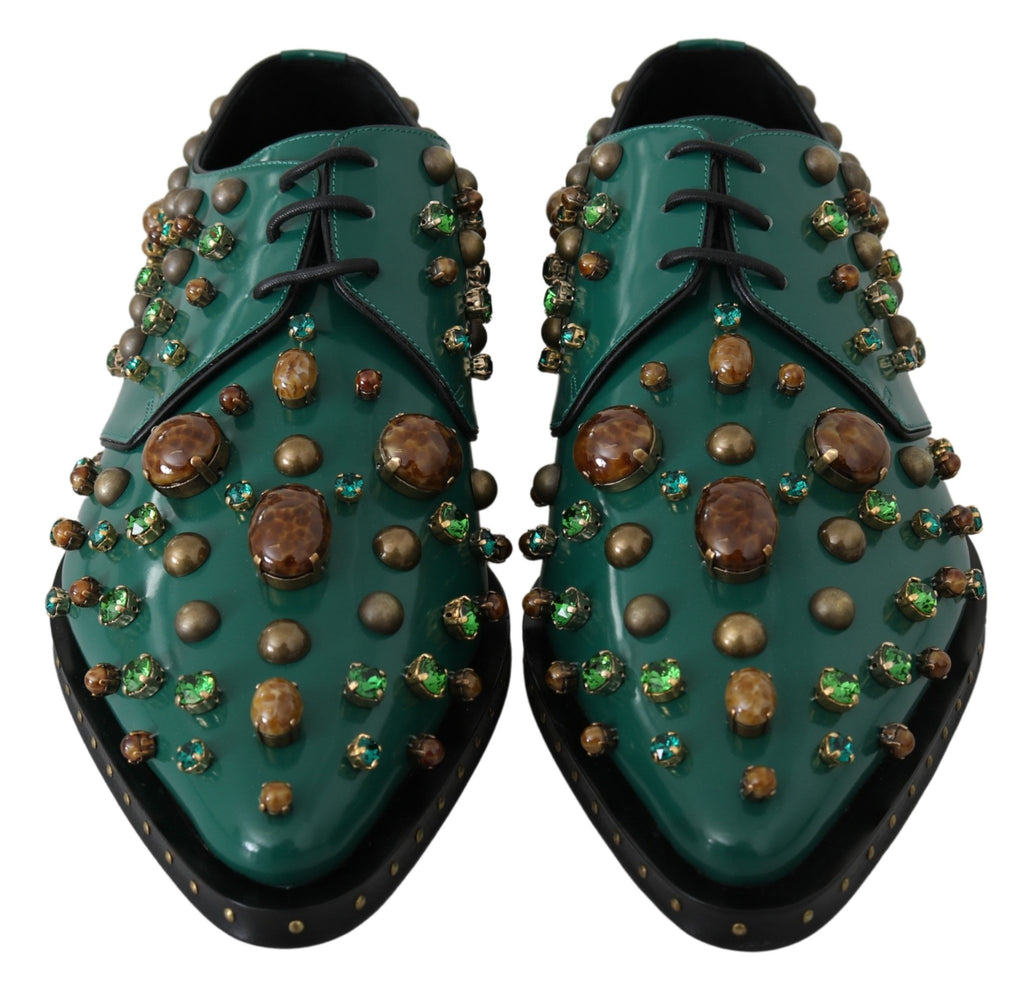 Chaussures Dolce & Gabbana en cuir vert avec cristaux, style broque, élégantes et sophistiquées.
