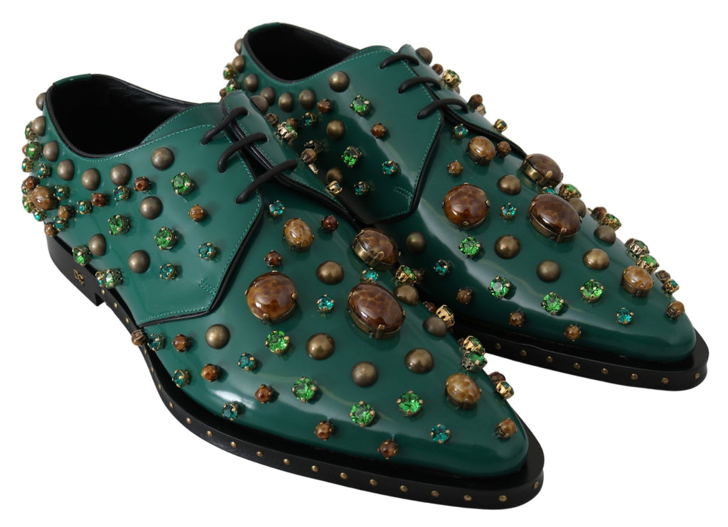 Chaussures Dolce & Gabbana en cuir vert avec cristaux, style brogue, pour femmes, vue de face.