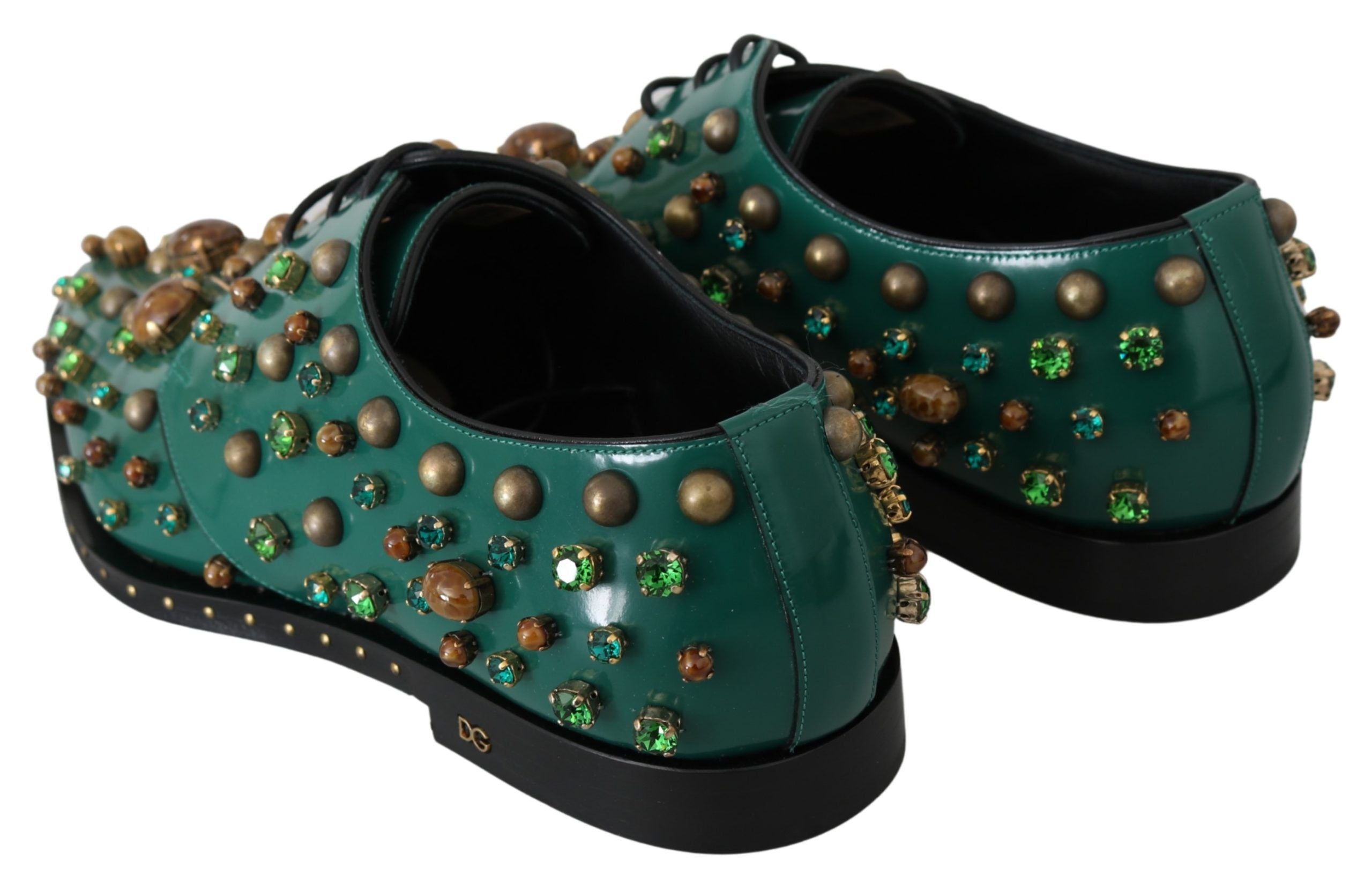Chaussures Dolce & Gabbana en cuir vert avec cristaux, style brogue, détail élégant et sophistiqué.