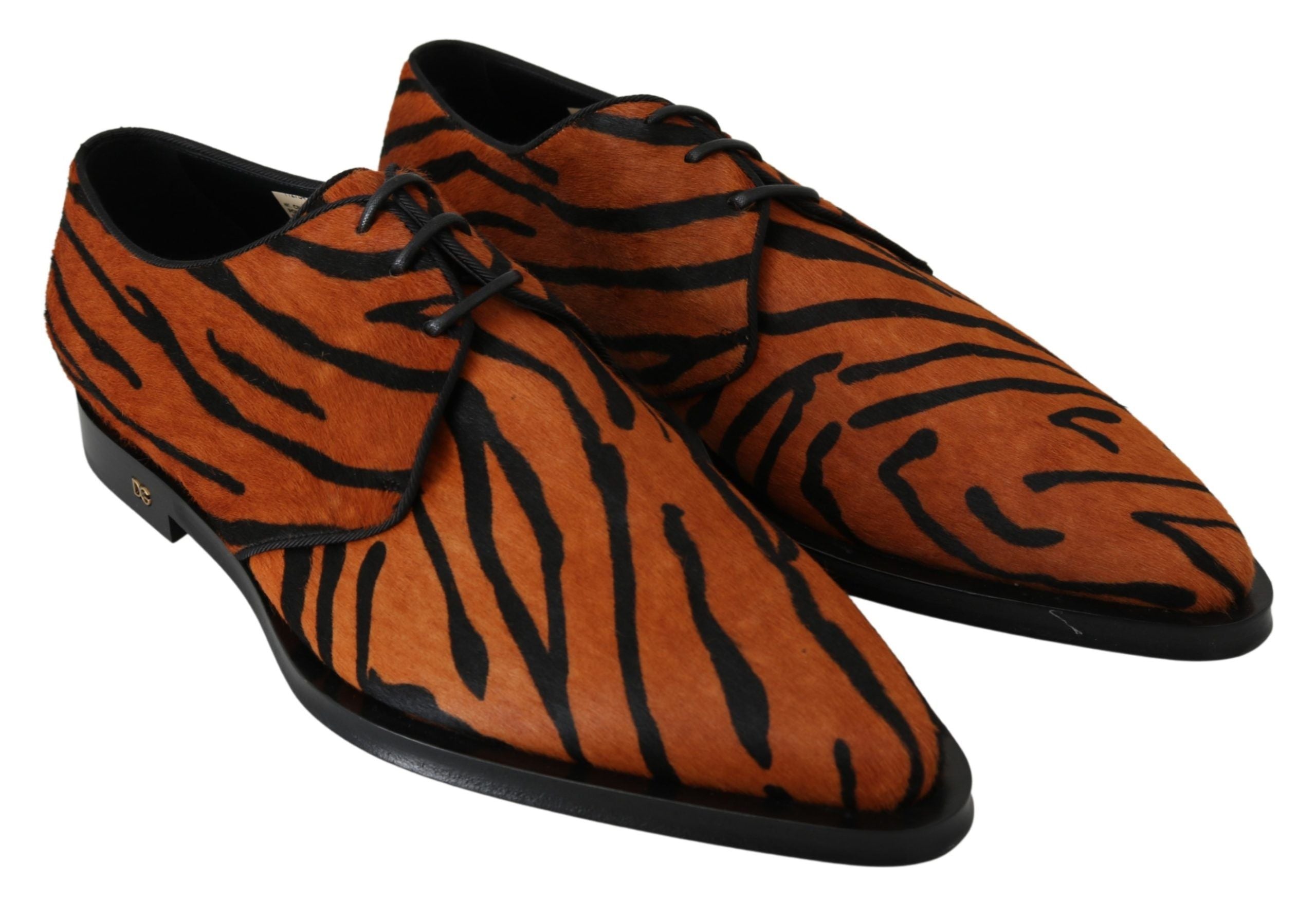 Chaussures de soirée Dolce & Gabbana en cuir de poney orange, style formel avec brogue, vue de face.
