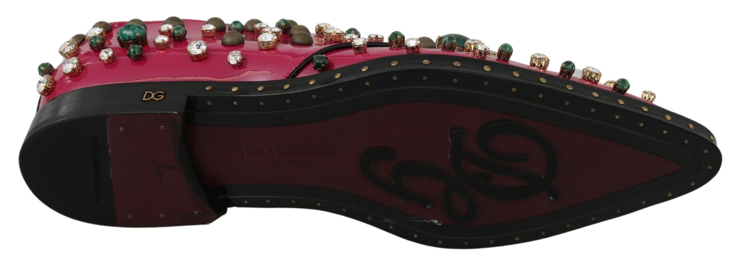 Chaussures brogue roses Dolce & Gabbana en cuir rose avec cristaux, vue de côté, pour femmes élégantes.