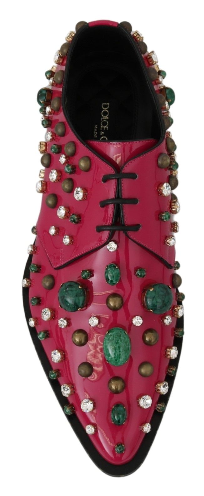 Chaussures Dolce & Gabbana en cuir rose avec cristaux, style broque, vue du dessus, pour femme.
