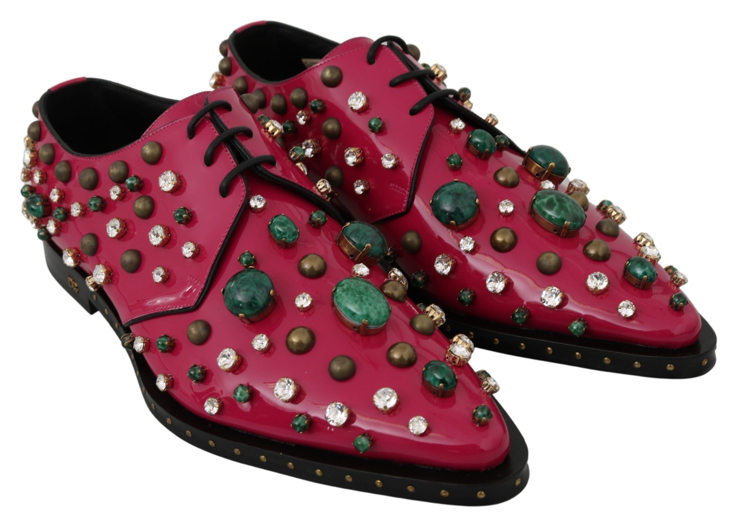 Chaussures brogue en cuir rose Dolce & Gabbana avec cristaux, vue de face, pour femme élégante et sophistiquée.