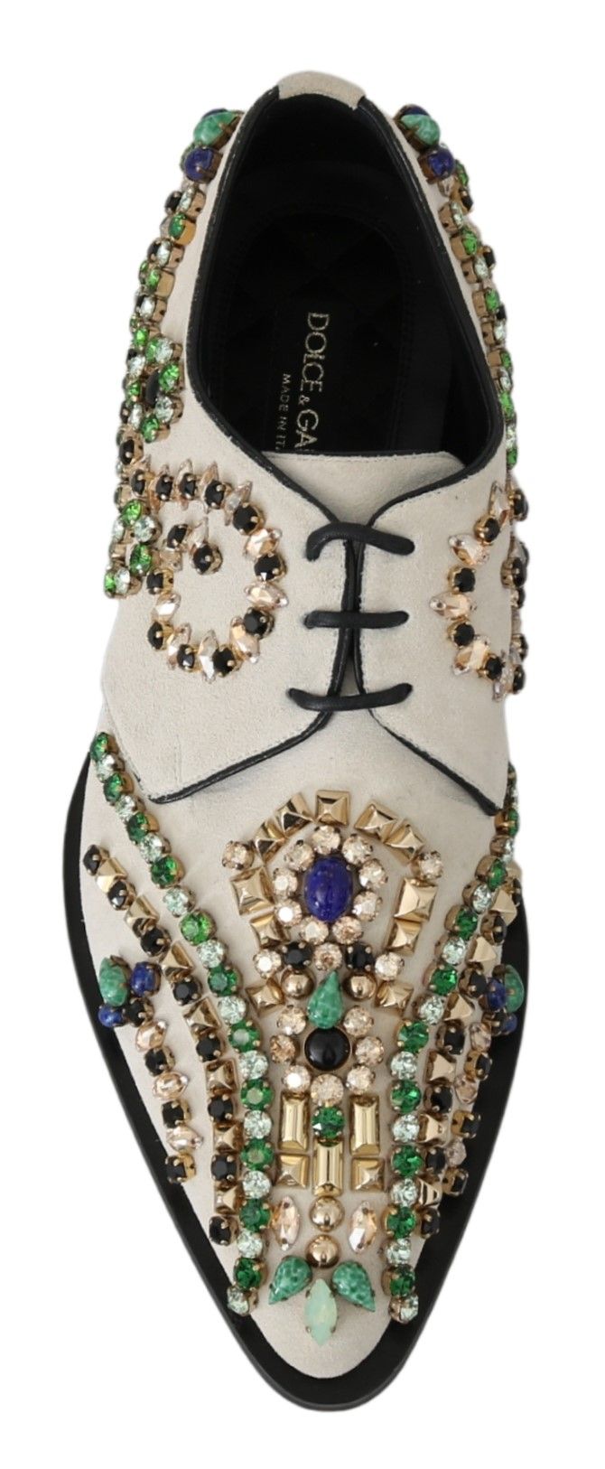 Chaussures à talons Dolce & Gabbana en daim blanc avec cristaux, style élégant et sophistiqué.