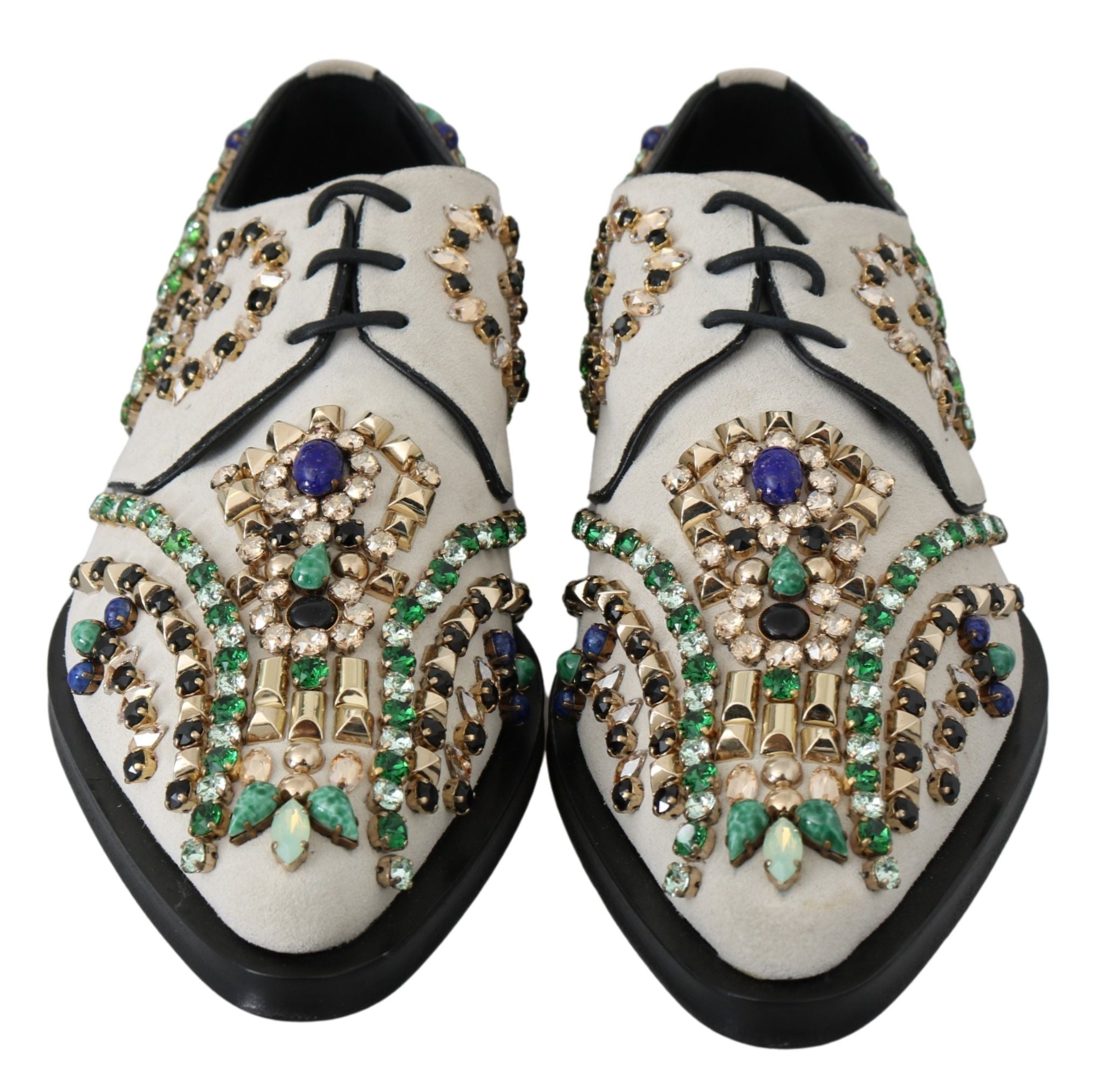 Chaussures Dolce & Gabbana en daim blanc avec broderie de cristaux, style élégant et sophistiqué pour femmes.