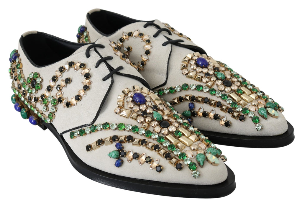 Chaussures Dolce & Gabbana en daim blanc avec cristaux, style brogue, élégantes et sophistiquées pour femmes.
