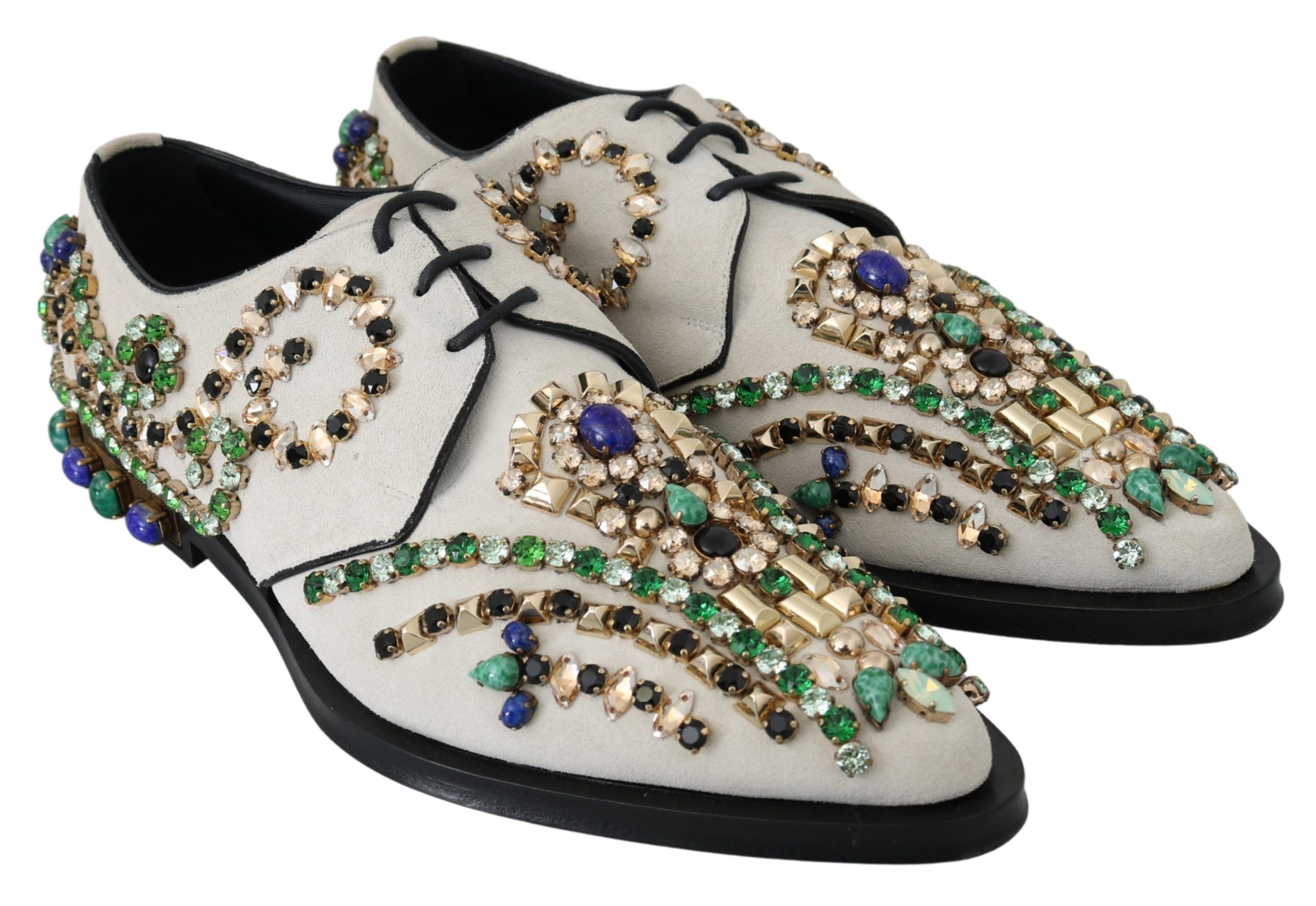 Chaussures Dolce & Gabbana en daim blanc avec cristaux, style brogue, élégantes et sophistiquées pour femmes.