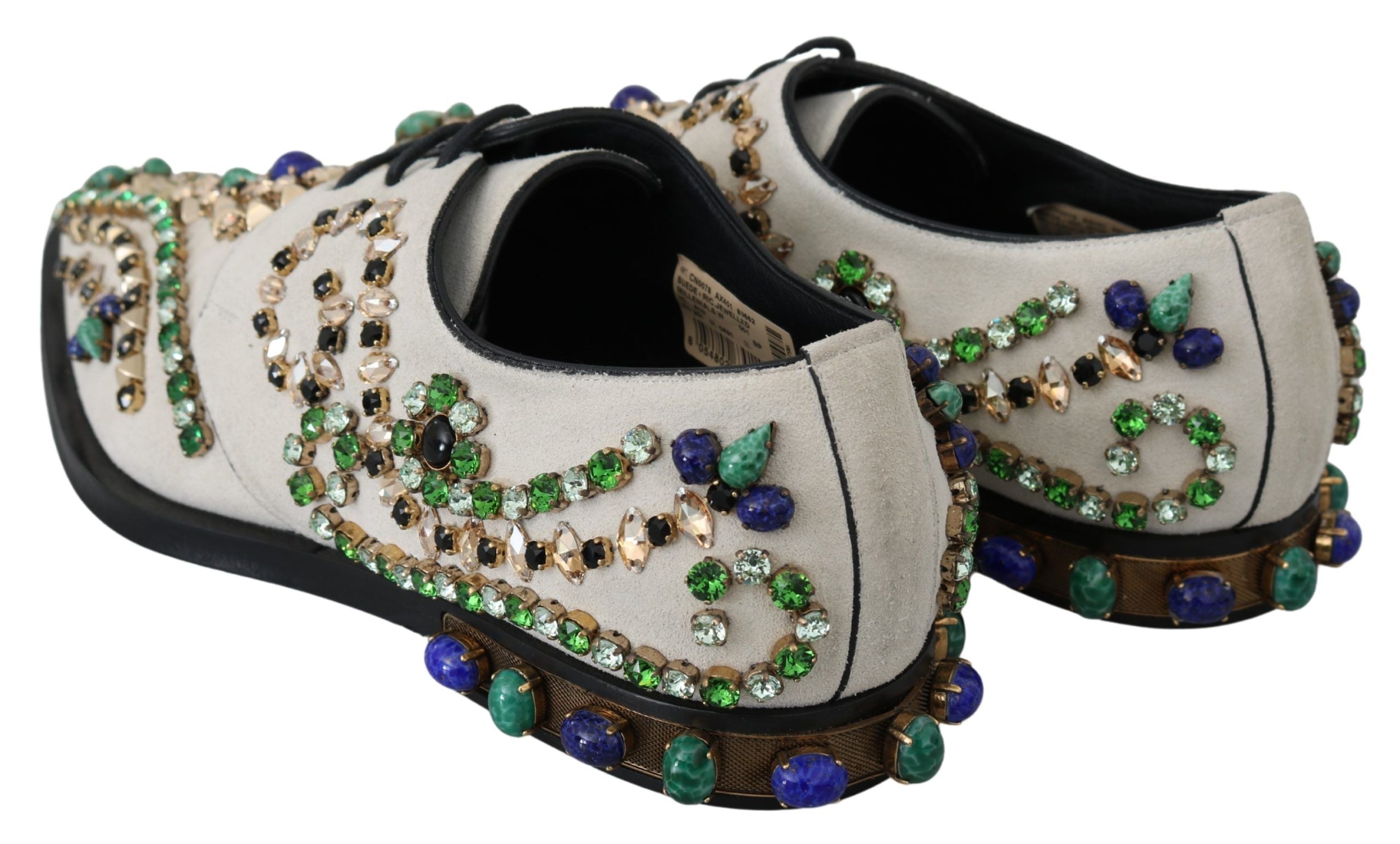 Chaussures Dolce & Gabbana en daim blanc avec cristaux, style brogue élégant pour femmes.
