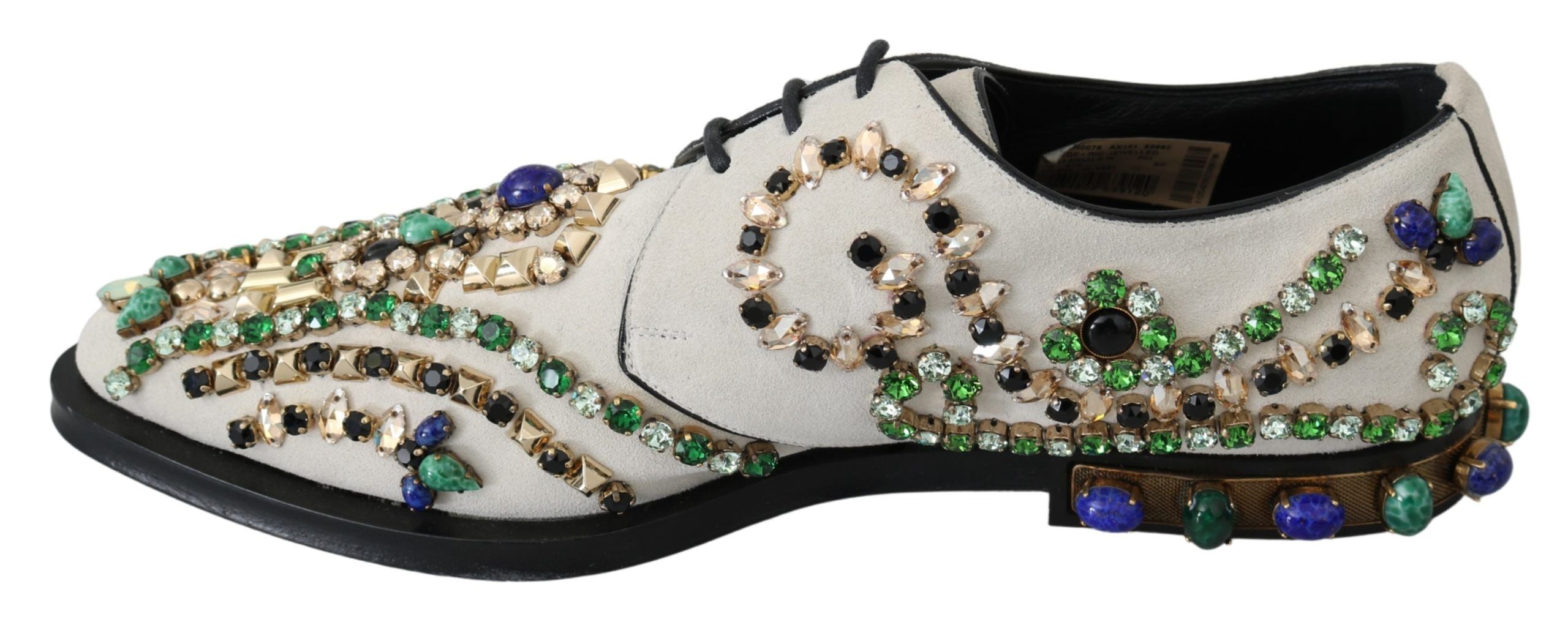 Chaussures Dolce & Gabbana en daim blanc avec cristaux, style élégant et sophistiqué pour femmes.