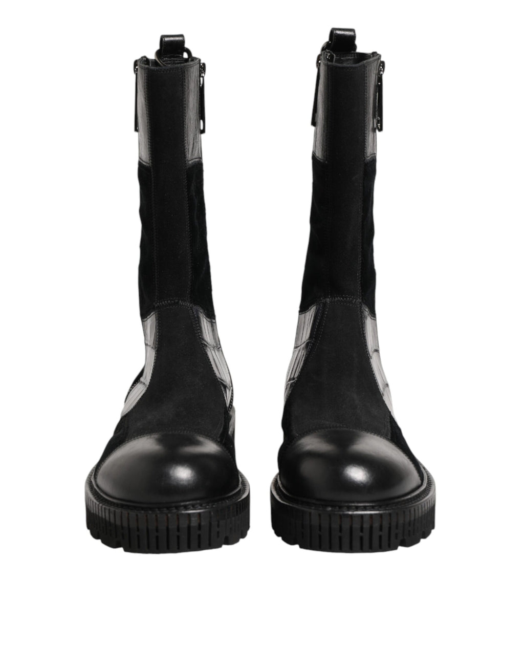 Bottes en cuir patchwork noir Dolce & Gabbana, mi-mollet, avec détails de couture élégants et semelle en caoutchouc.
