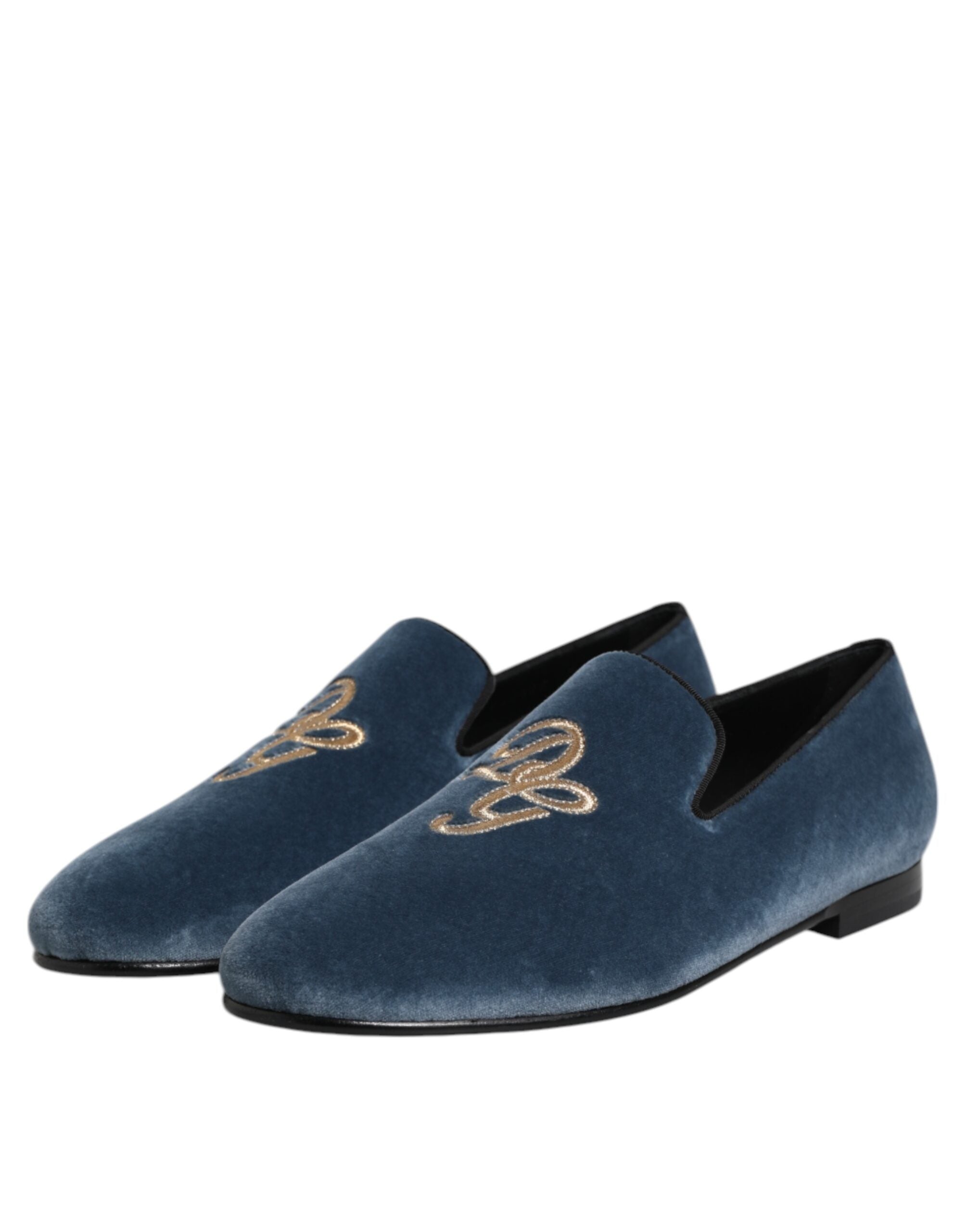 Chaussures formelles Dolce & Gabbana Velvet Bleu avec logo DG, loafers élégants et sophistiqués, vue de face.