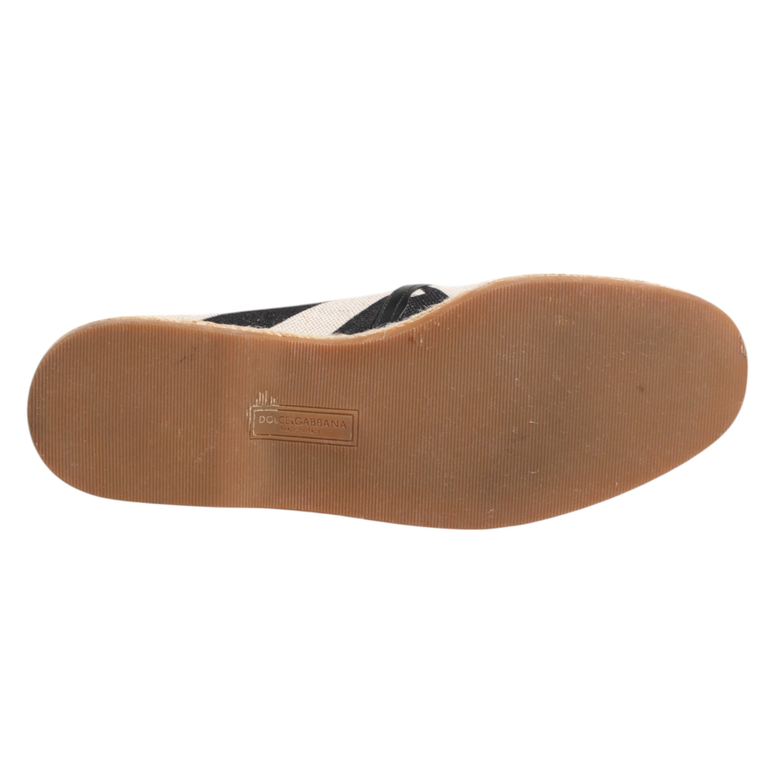 Chaussures espadrilles plates noires et blanches Dolce & Gabbana avec rayures, vue de face.