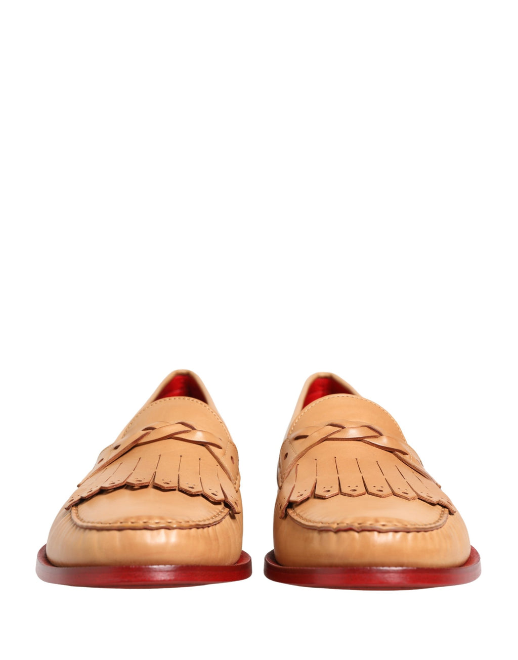 Chaussures mocassins pour homme Dolce & Gabbana en cuir beige avec pompons, slip-on élégant et confortable.