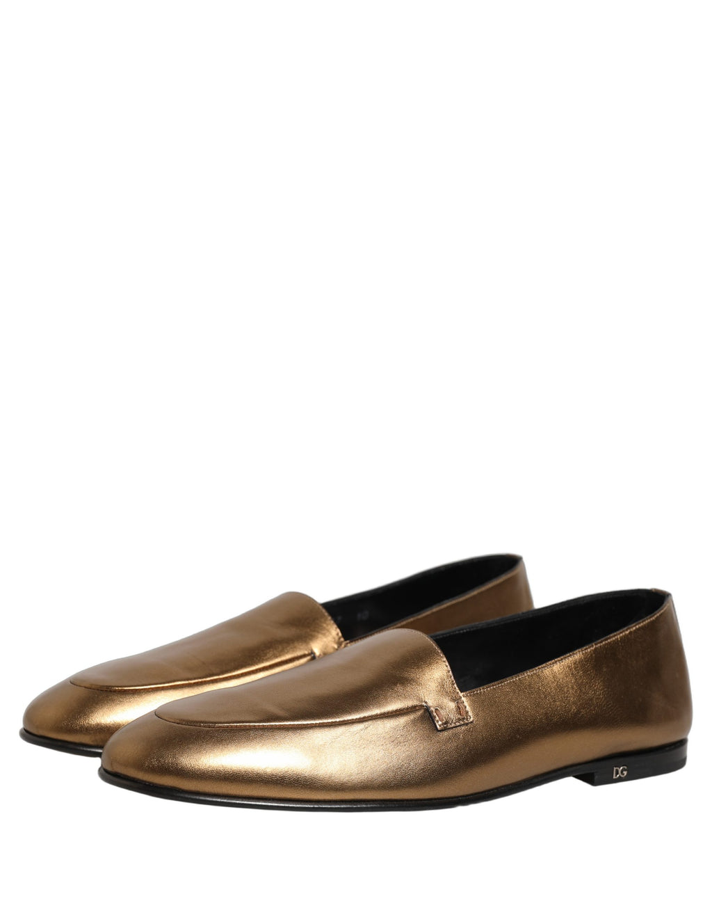 Mocassins homme Dolce & Gabbana en cuir doré avec logo DG, style slip-on et design élégant.