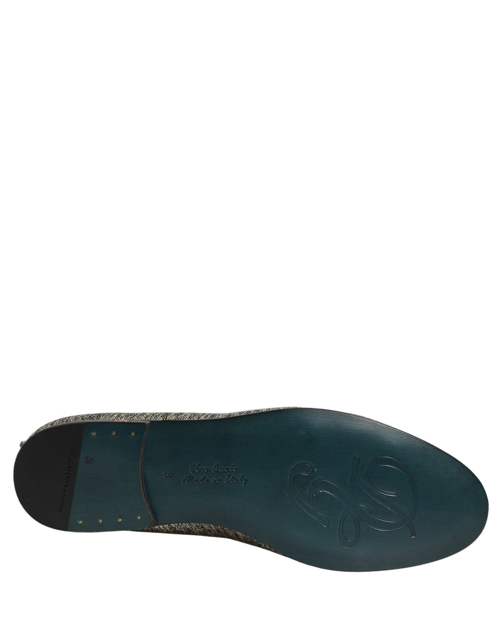 Chaussures loafers Dolce & Gabbana en gris glitter lurex avec logo DG, élégantes et brillantes, vues de face sur fond blanc.