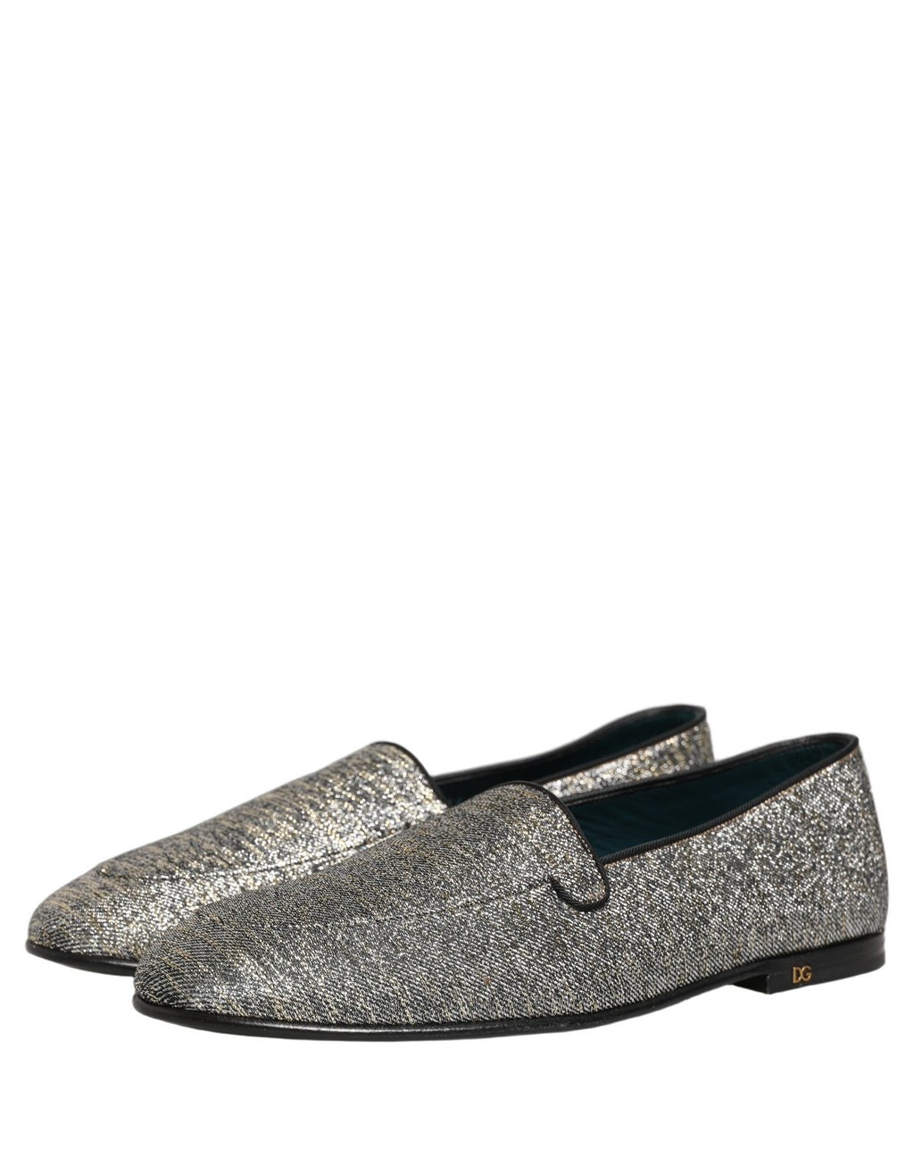Chaussures loafers Dolce & Gabbana gris avec logo DG en lurex brillant et détails scintillants.