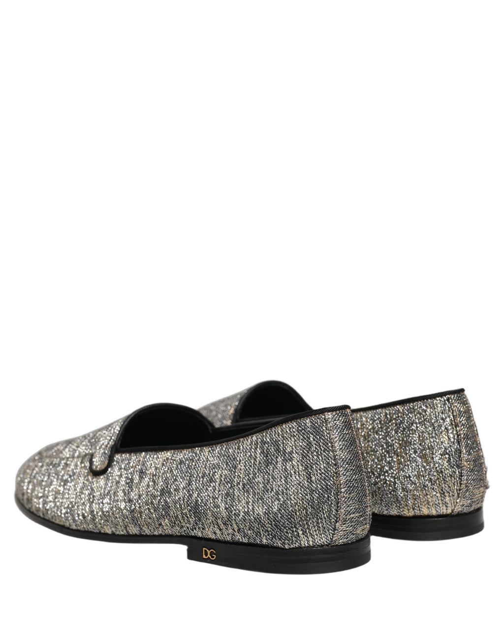 Chaussures Dolce & Gabbana en daim gris avec logo DG, glitter lurex, style mocassins élégants.