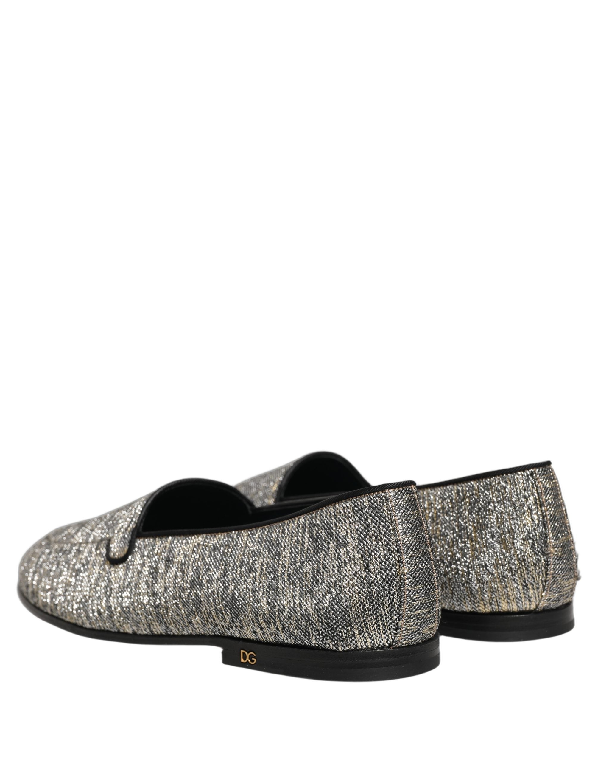 Chaussures Dolce & Gabbana en daim gris avec logo DG, glitter lurex, style mocassins élégants.