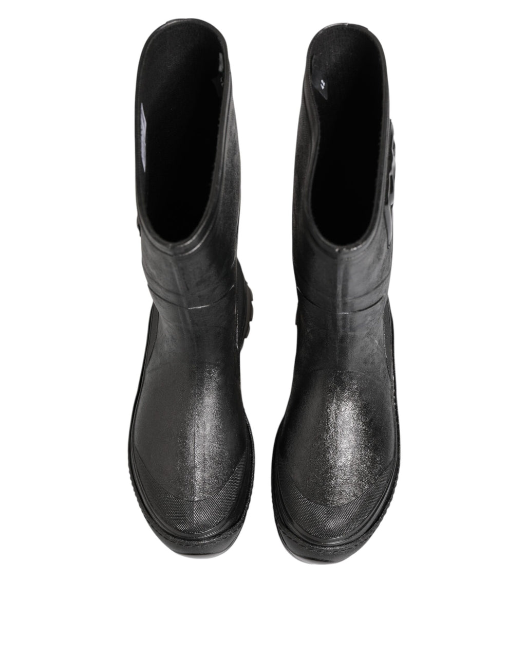 Chaussures homme Dolce & Gabbana bottes de pluie noires métalliques à enfiler, style élégant et moderne.