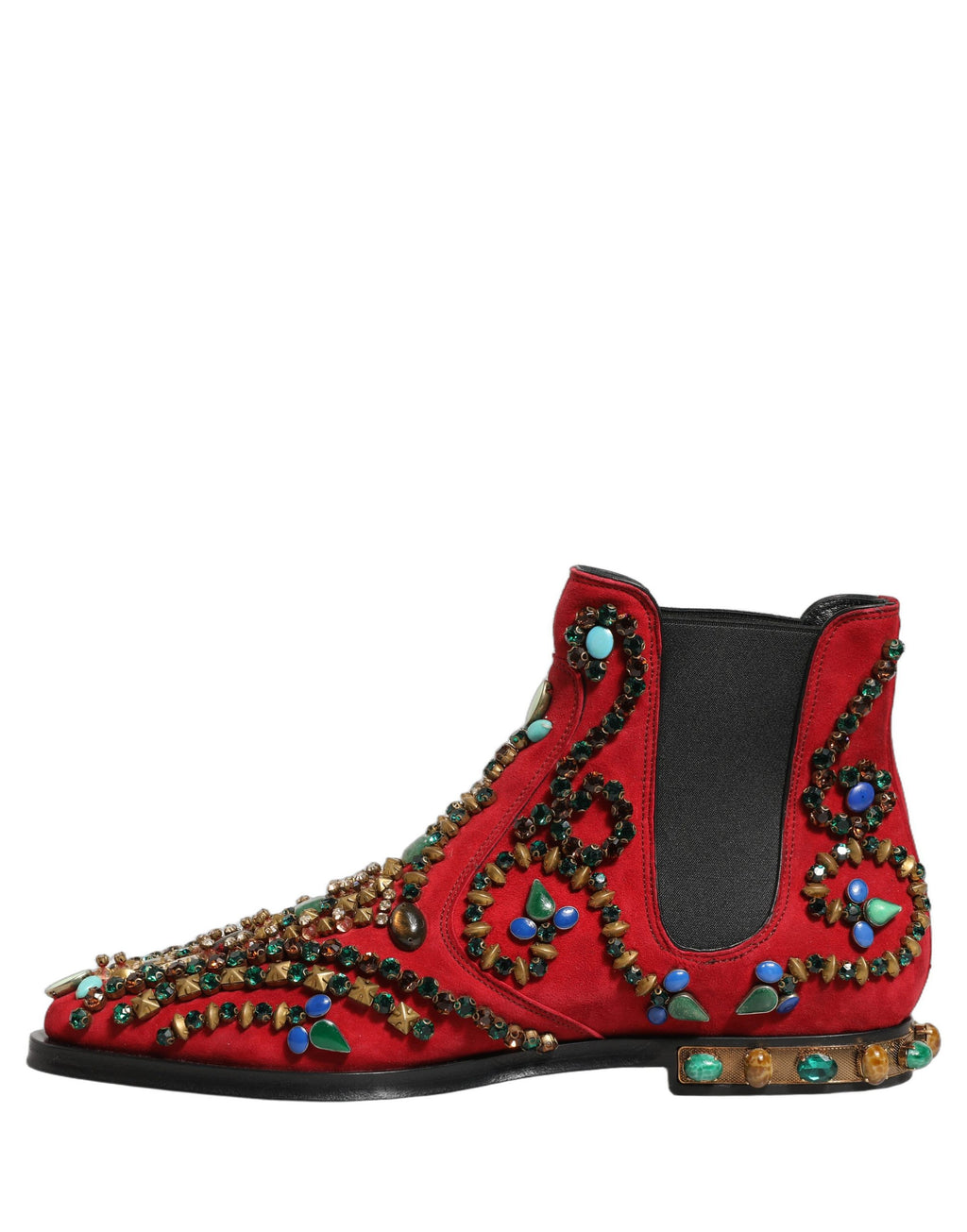 Bottes Chelsea rouges Dolce & Gabbana avec embellissements, chaussures élégantes pour femme, vue de profil.