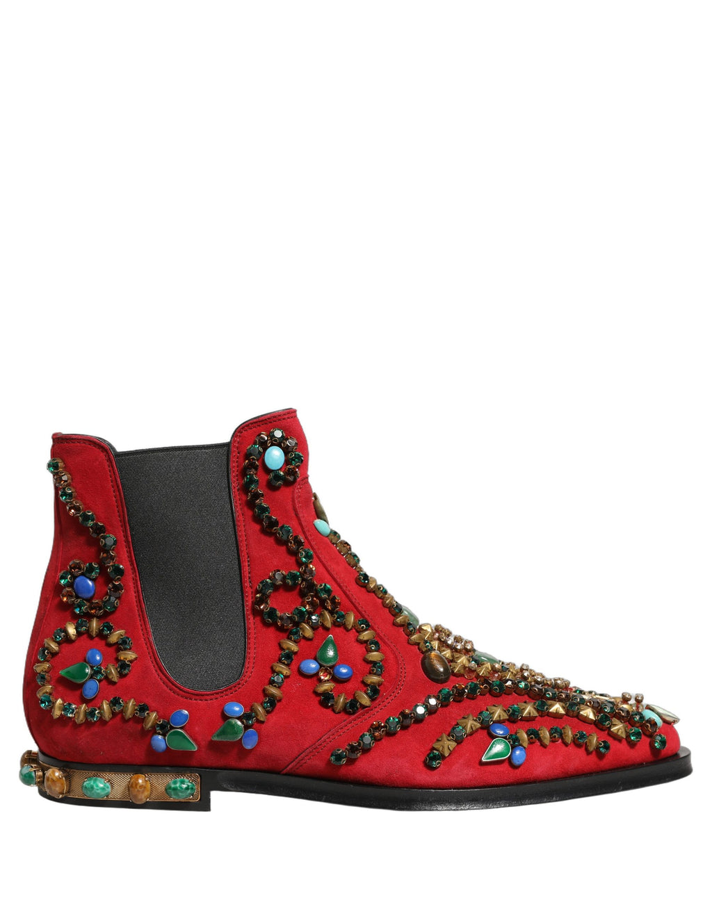 Bottes Chelsea rouges Dolce & Gabbana avec embellissements, chaussures élégantes pour femme, vue de profil.