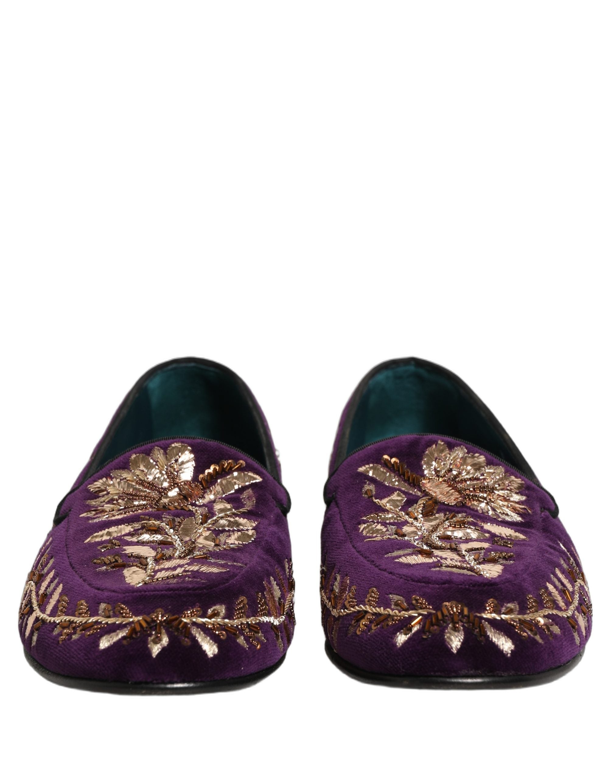 Chaussures mocassins Dolce & Gabbana Violet Velvet avec broderie florale élégante et détails raffinés.