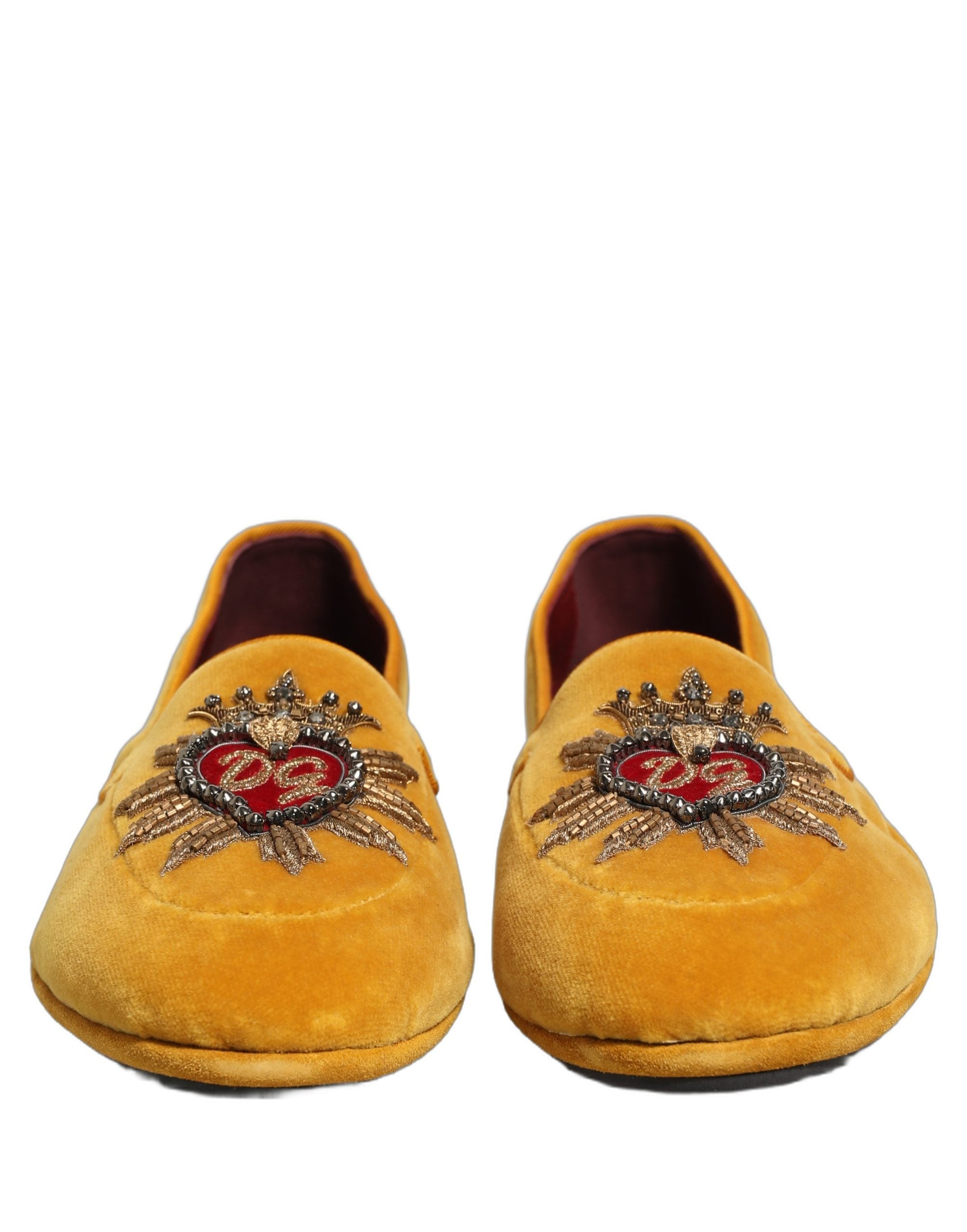 Chaussures plates Dolce & Gabbana en velours jaune avec cœur DG, mocassins confortables pour femmes.
