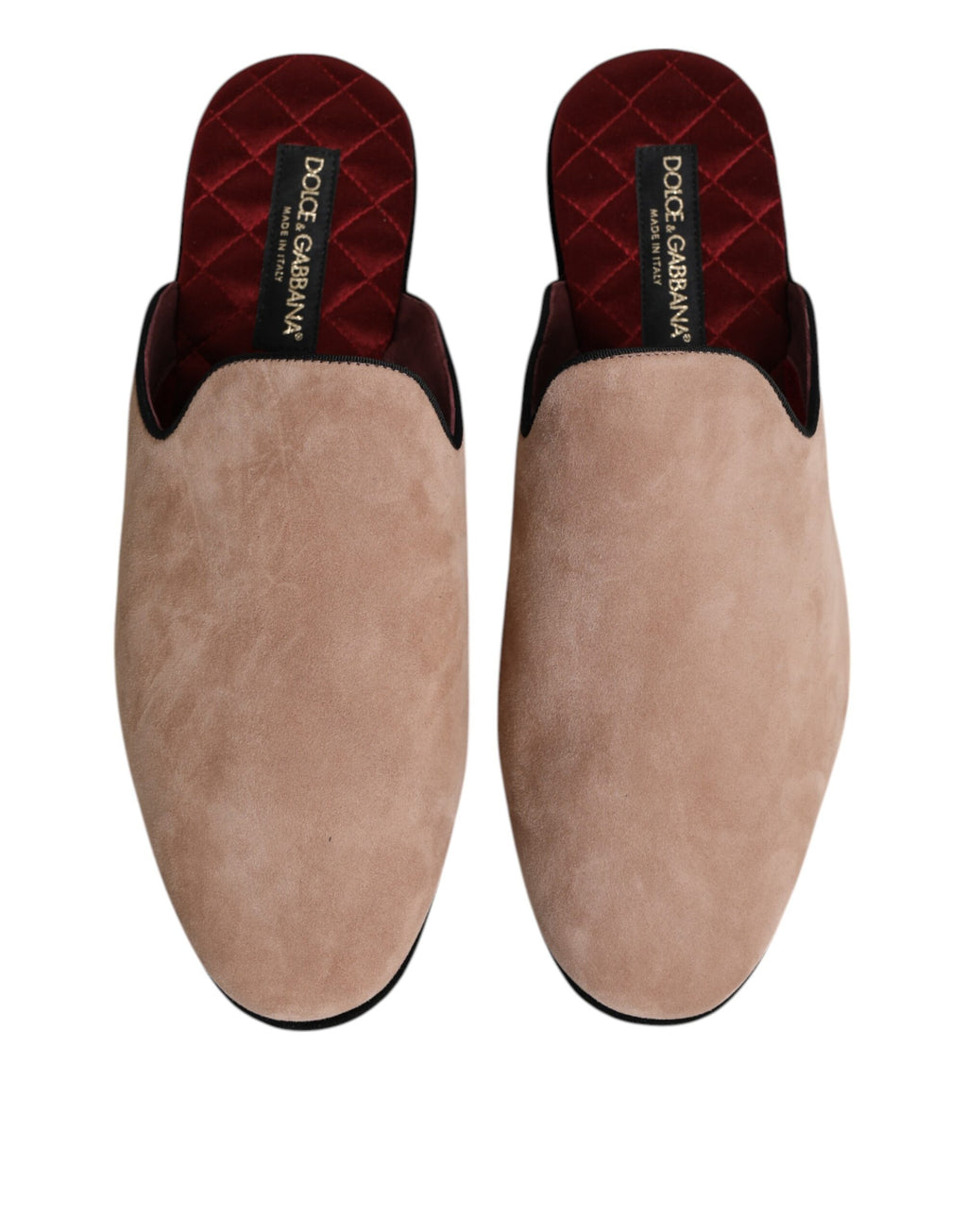 Sandales plates en suède beige de Dolce & Gabbana, chaussures slip-on élégantes et confortables pour femmes.