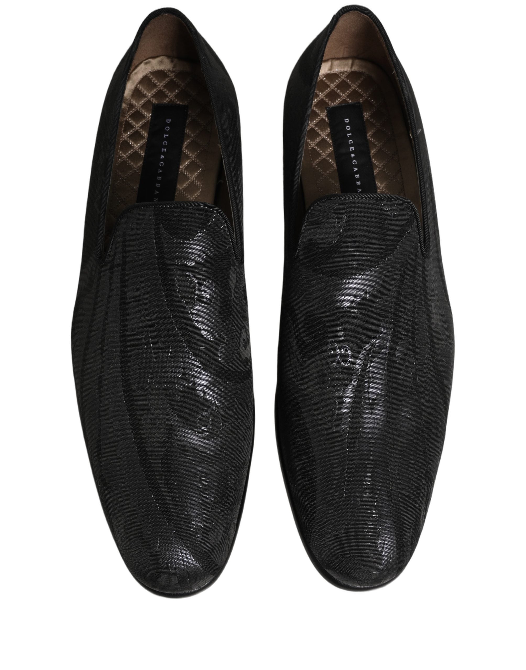 Chaussures mocassins hommes Dolce & Gabbana en brocart noir, style slip-on élégant et sophistiqué.