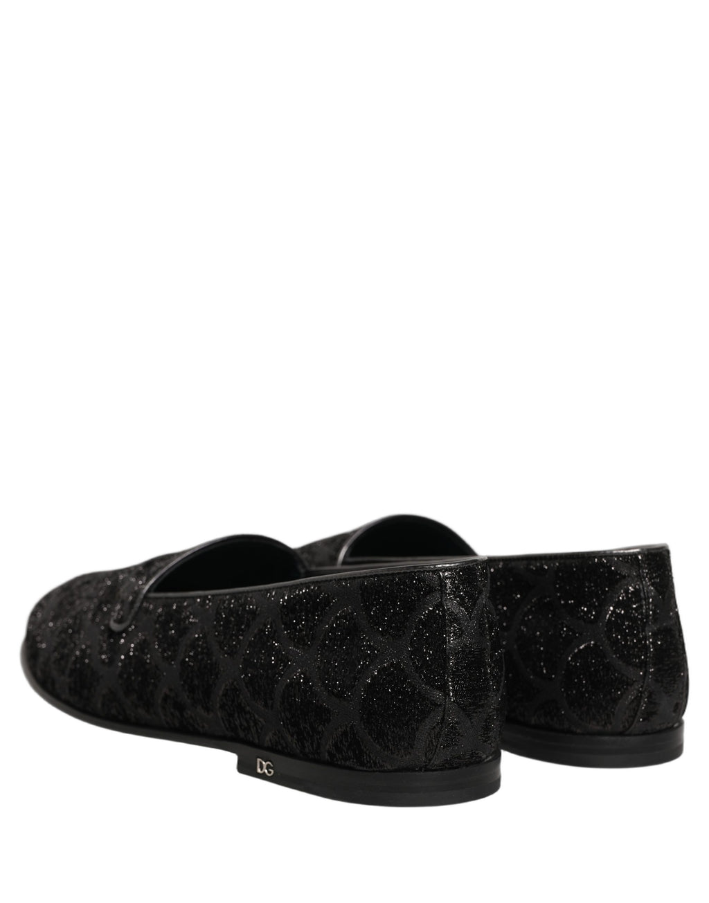 Chaussures mocassins pour homme Dolce & Gabbana en brocart noir brillant, élégantes chaussures de ville avec finition scintillante.