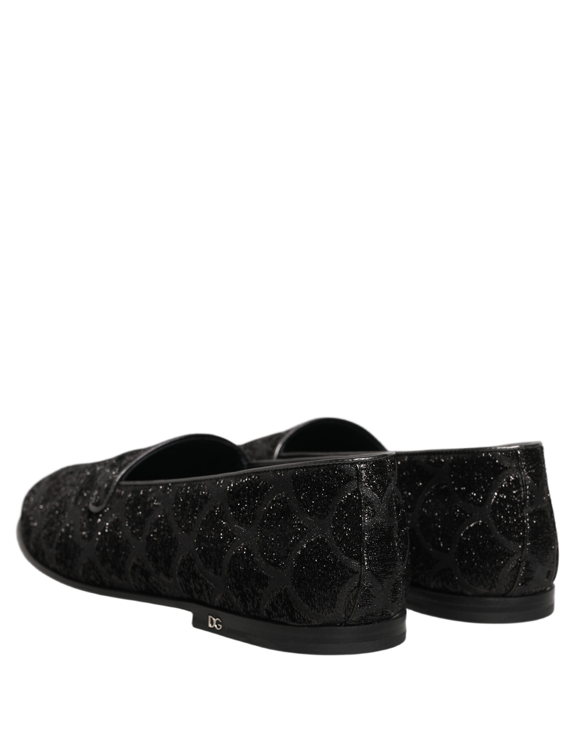 Chaussures mocassins pour homme Dolce & Gabbana en brocart noir brillant, élégantes chaussures de ville avec finition scintillante.