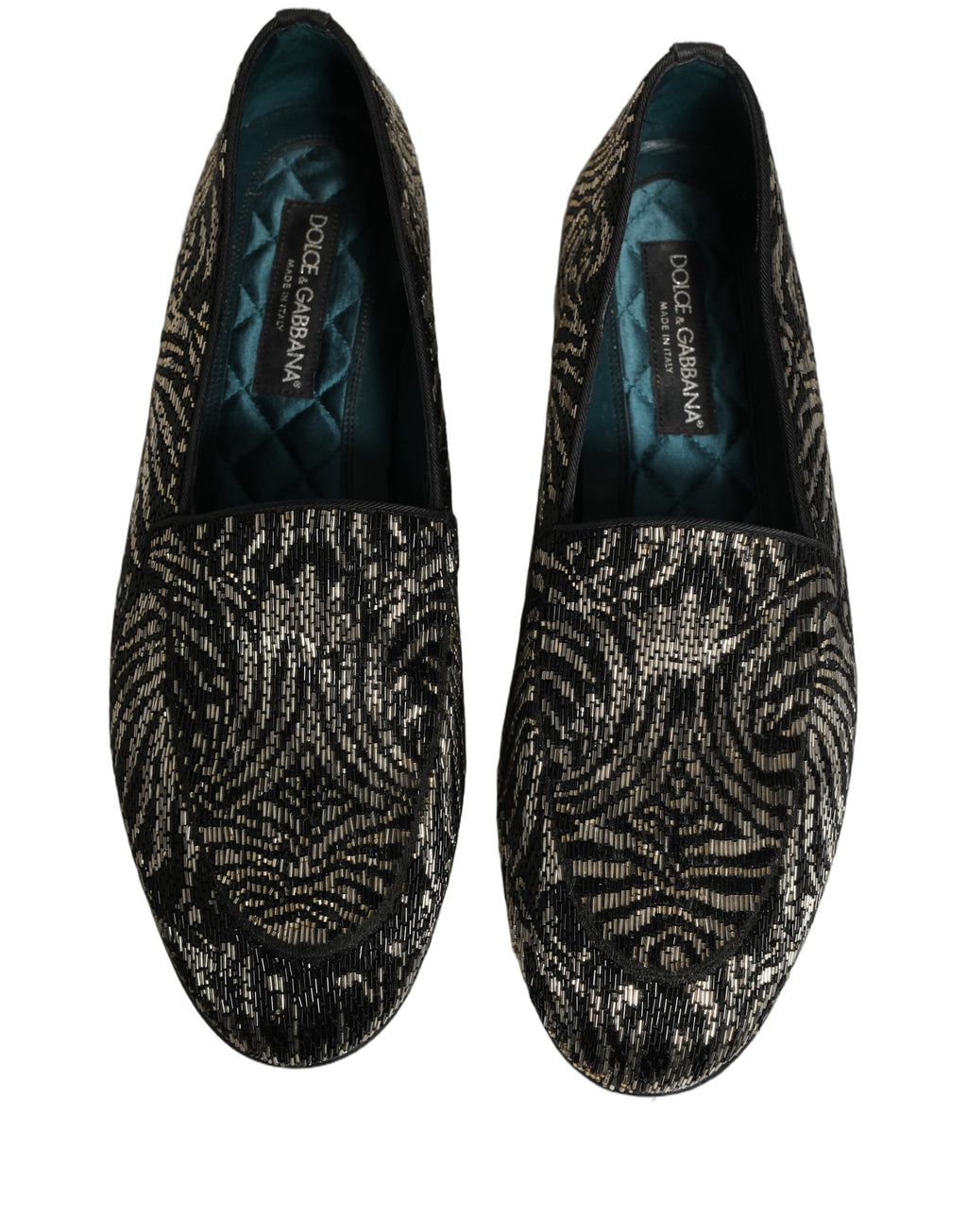 Chaussures Dolce & Gabbana en cuir noir et argenté avec broderies ornées, style loafers élégants et sophistiqués.