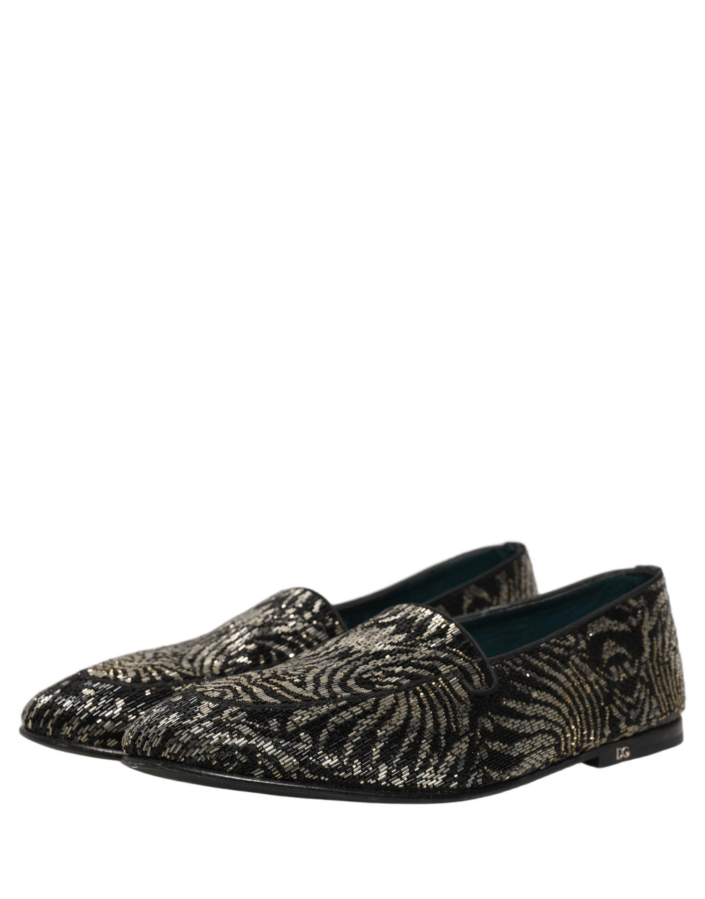 Chaussures loafers Dolce & Gabbana noires et argentées ornées de détails brillants, élégantes et sophistiquées.