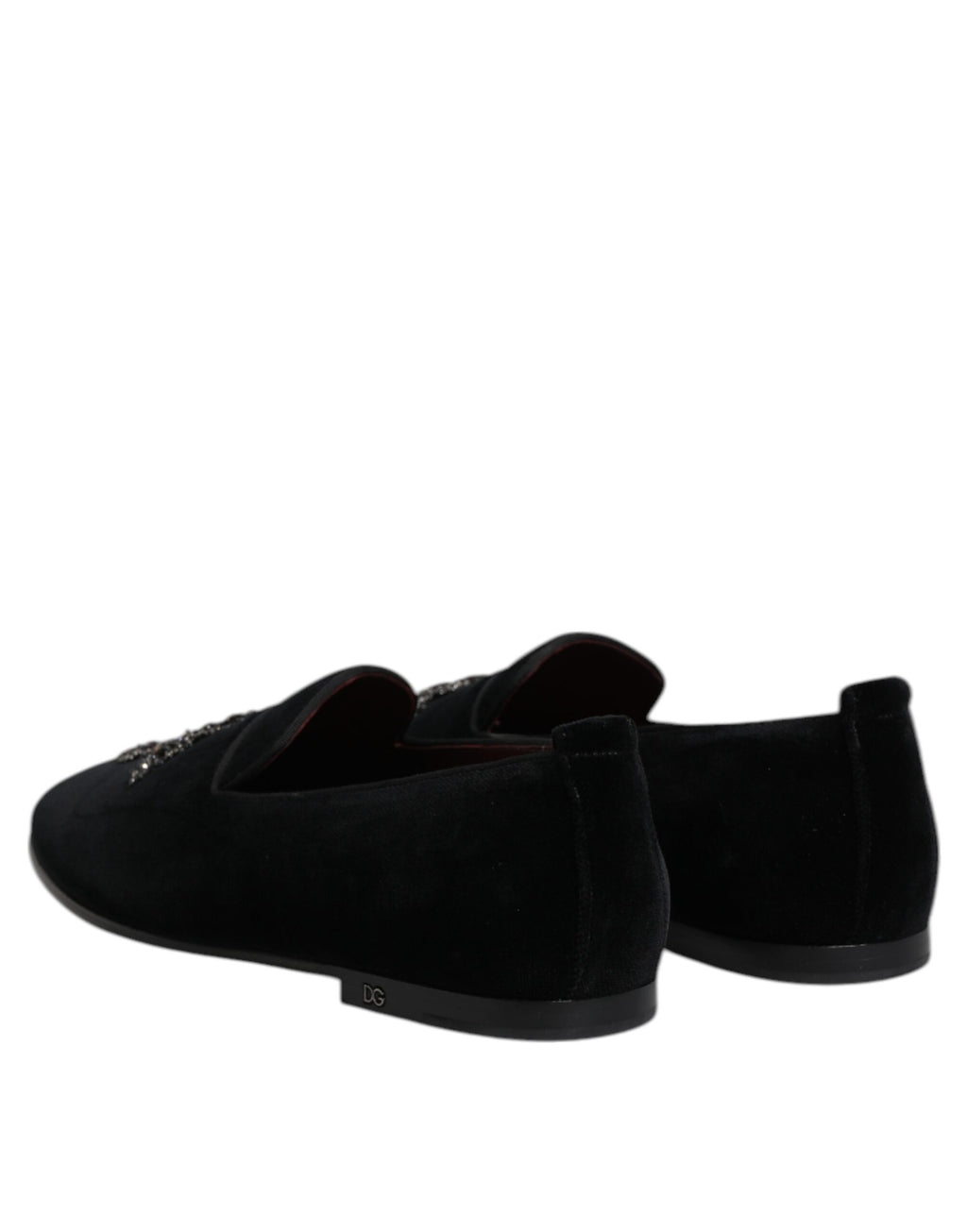 Chaussures loafer Dolce & Gabbana en velours noir avec embellissements, style slip-on élégant et sophistiqué.