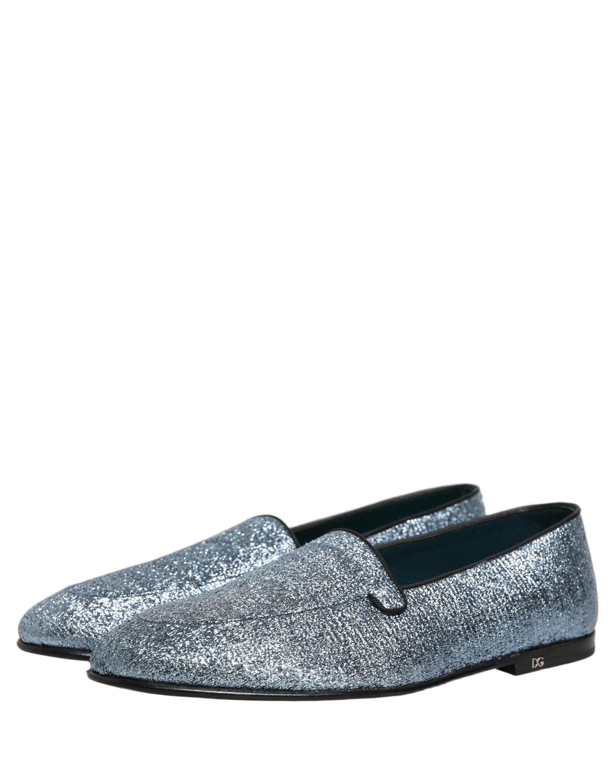 Chaussures loafers Dolce & Gabbana bleu glitter lurex avec logo DG, élégantes et brillantes, parfaites pour une tenue sophistiquée.