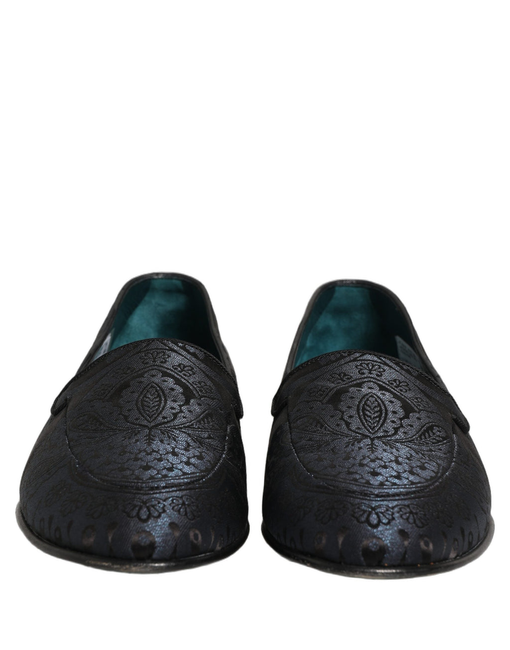 Chaussures mocassins Dolce & Gabbana en jacquard bleu et cuir, slip-on élégants pour homme.
