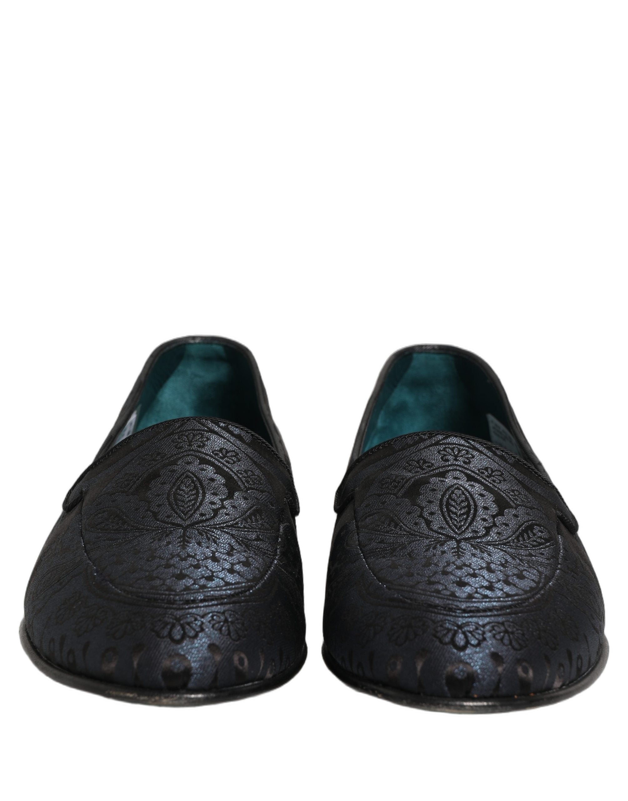 Chaussures mocassins Dolce & Gabbana en jacquard bleu et cuir, slip-on élégants pour homme.