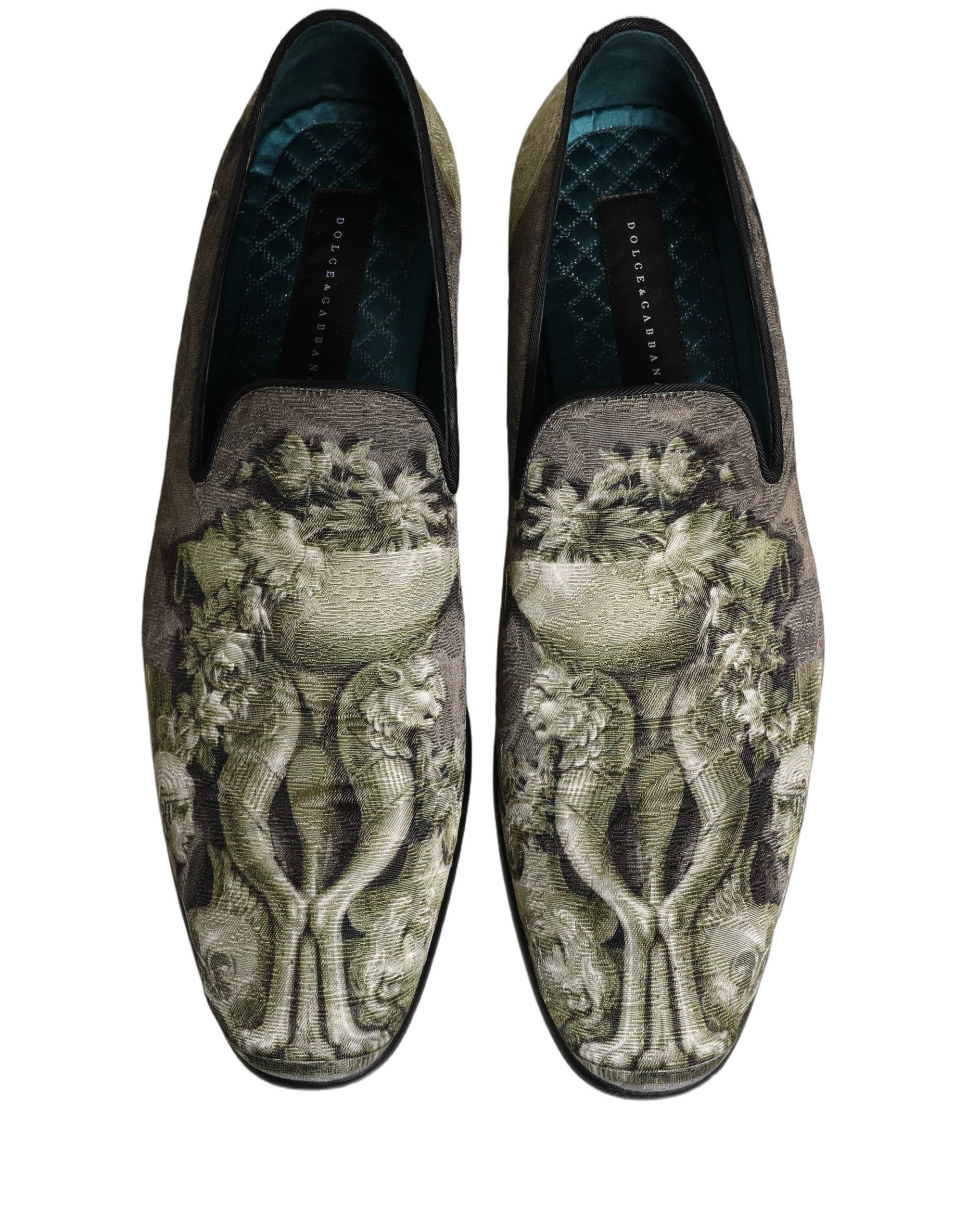 Chaussures Dolce & Gabbana loafers slip-on en cuir marron avec motif baroque, élégantes et confortables, pour un style sophistiqué.