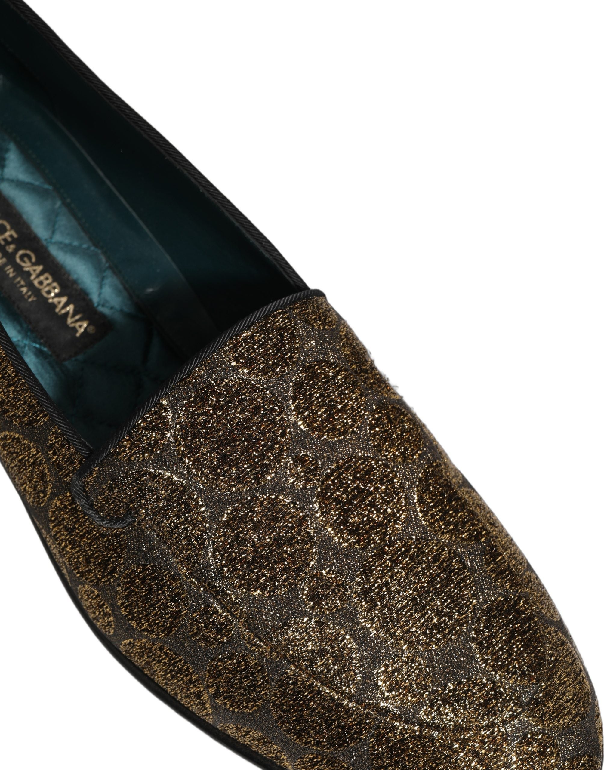 Chaussures mocassins slip-on Dolce & Gabbana en or lurex glitter pour homme, élégantes et brillantes.