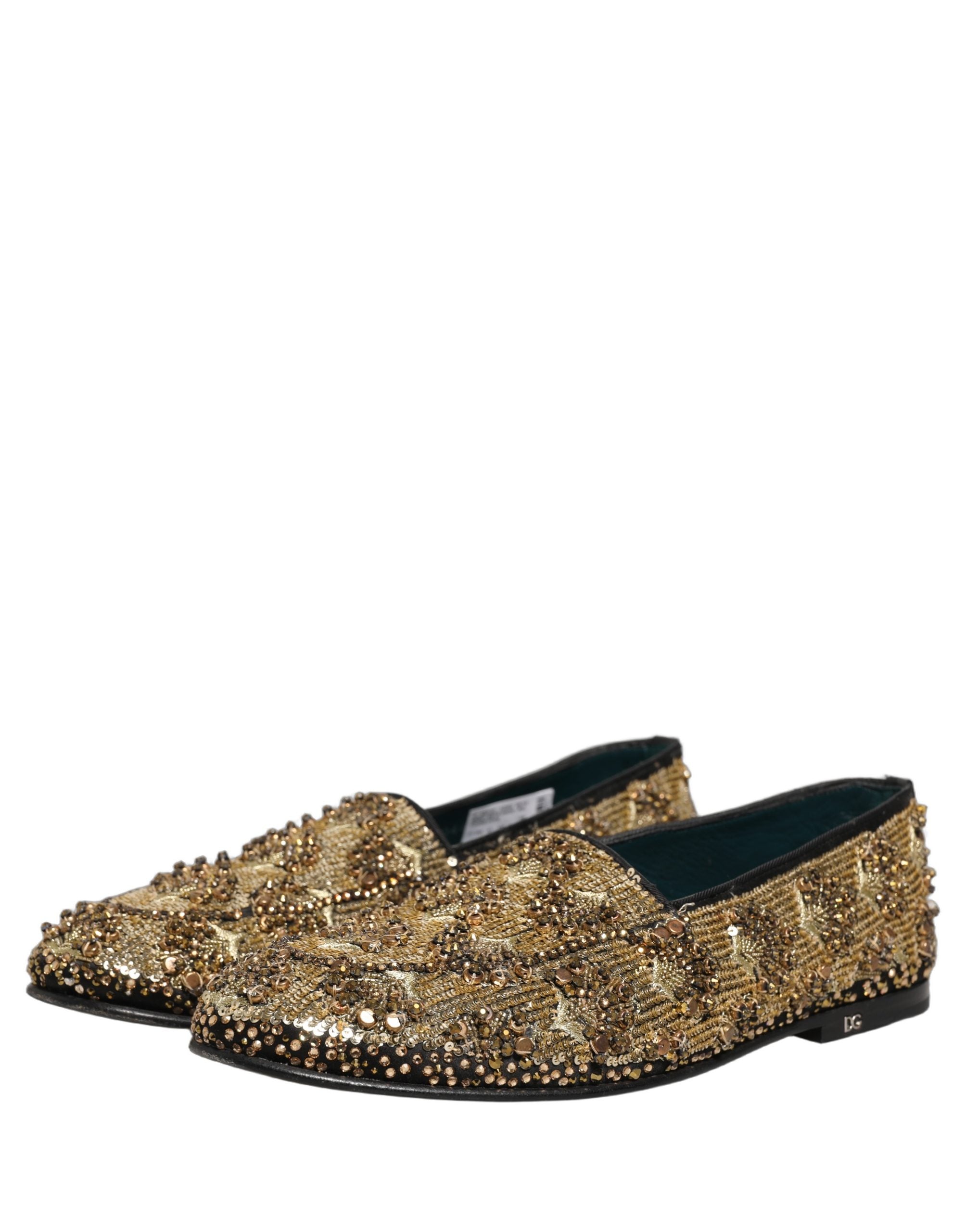 Chaussures Dolce & Gabbana en daim doré avec sequins et embellissements, style chaussure mocassin élégante.