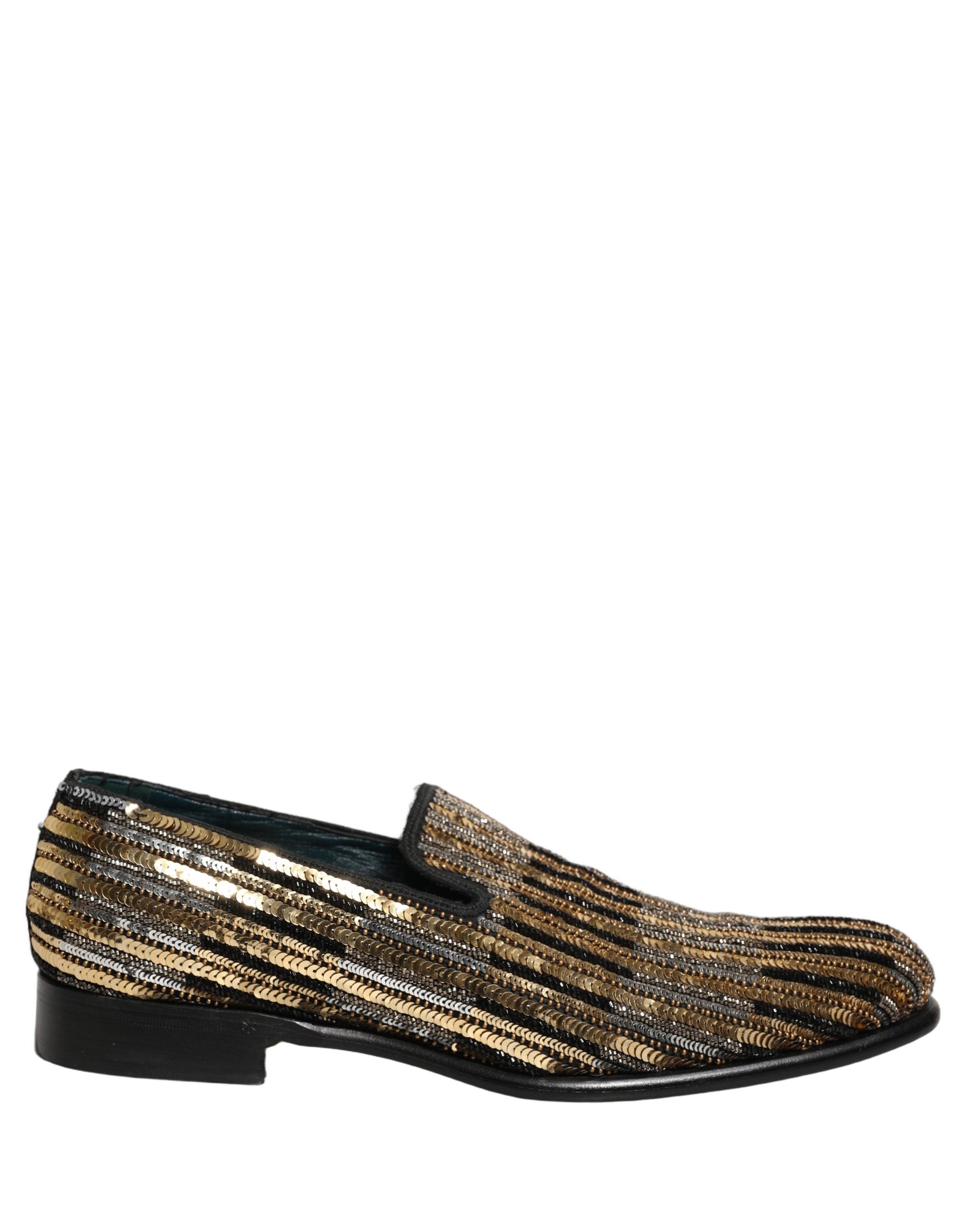 Chaussures mocassins Dolce & Gabbana or avec rayures dorées et sequins brillants, style élégant et sophistiqué
