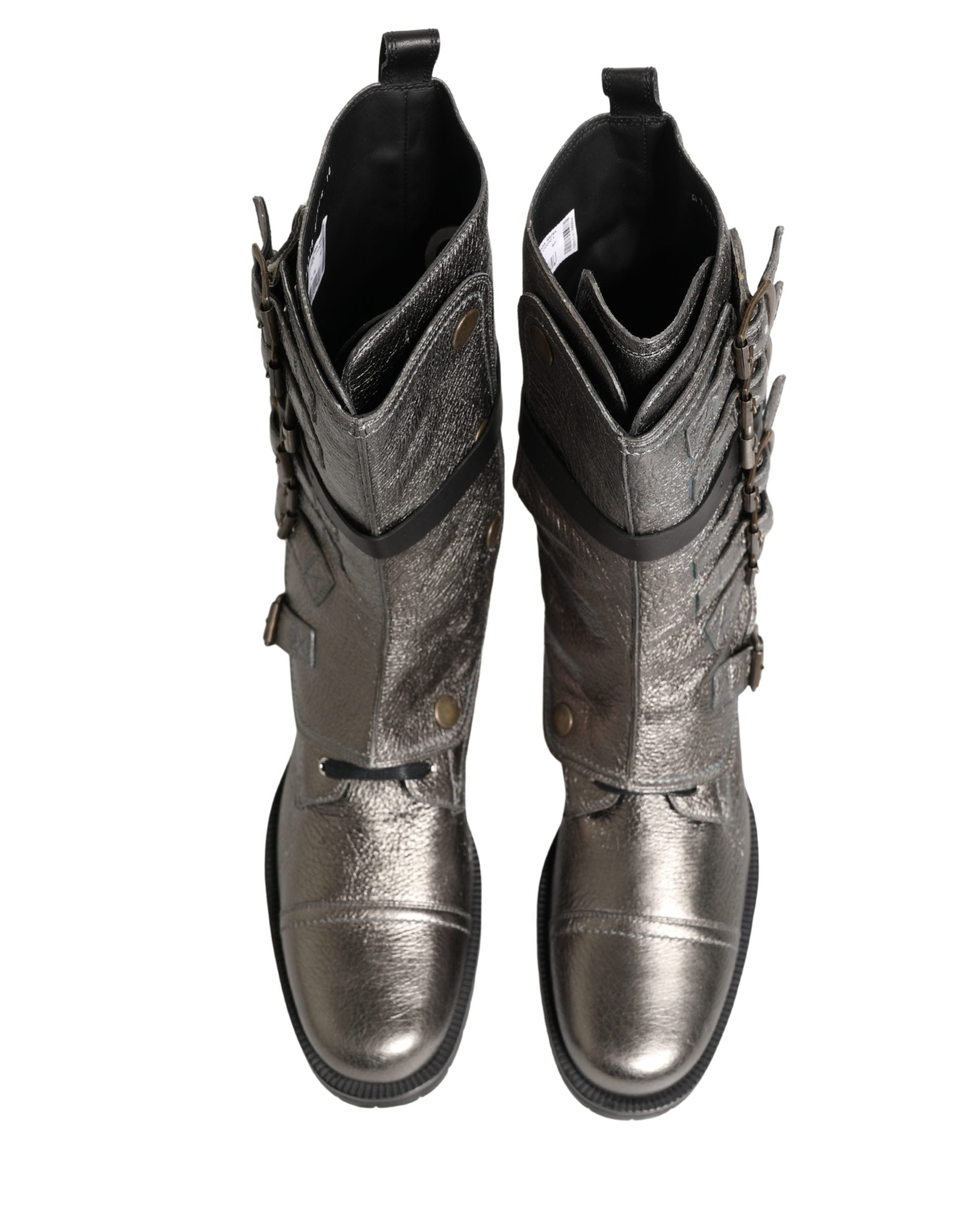 Bottes combat Biker mi-mollet en métal argenté Dolce & Gabbana, style moderne et élégant avec finition brillante.