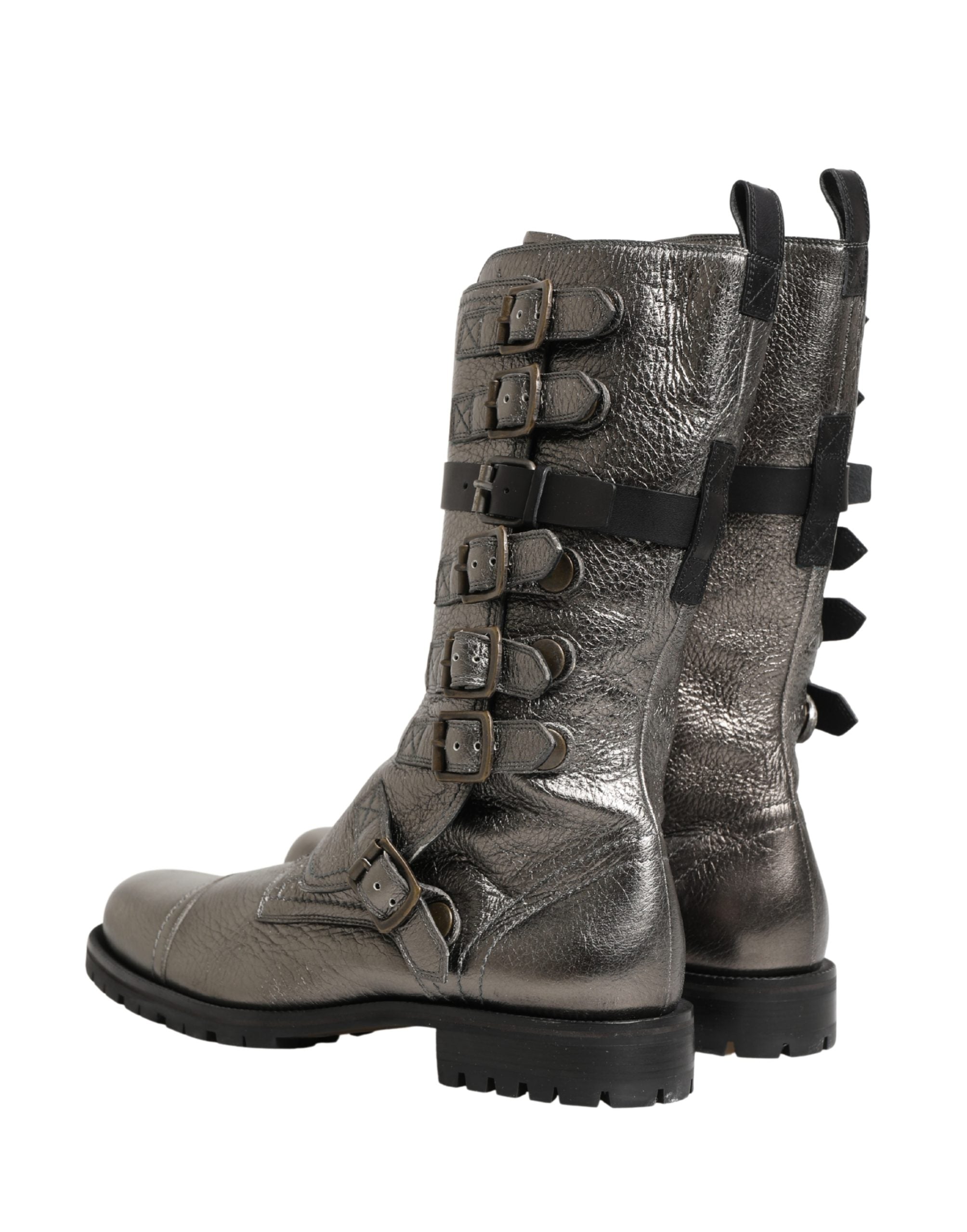 Bottes mi-mollet en métal argenté Dolce & Gabbana, style combat biker avec boucle et semelle robuste.