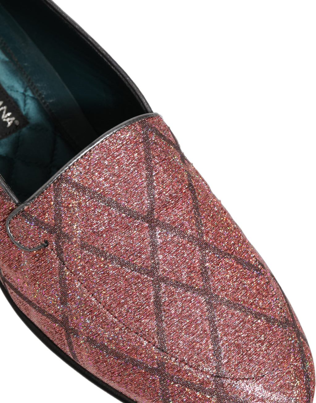 Chaussures loafers Dolce & Gabbana en glitter lurex rose à logo à carreaux, élégantes et brillantes.