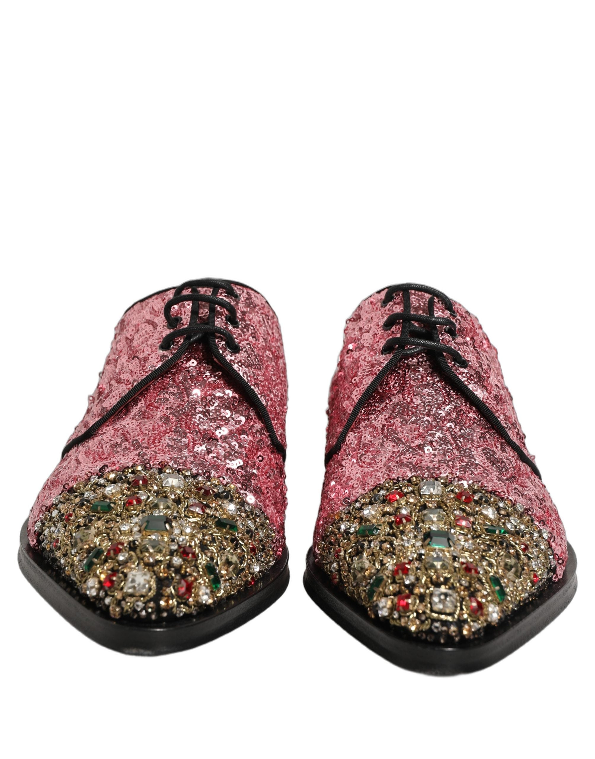 Chaussures derby pour homme Dolce & Gabbana roses, ornées de sequins brillants et embellissements élégants.
