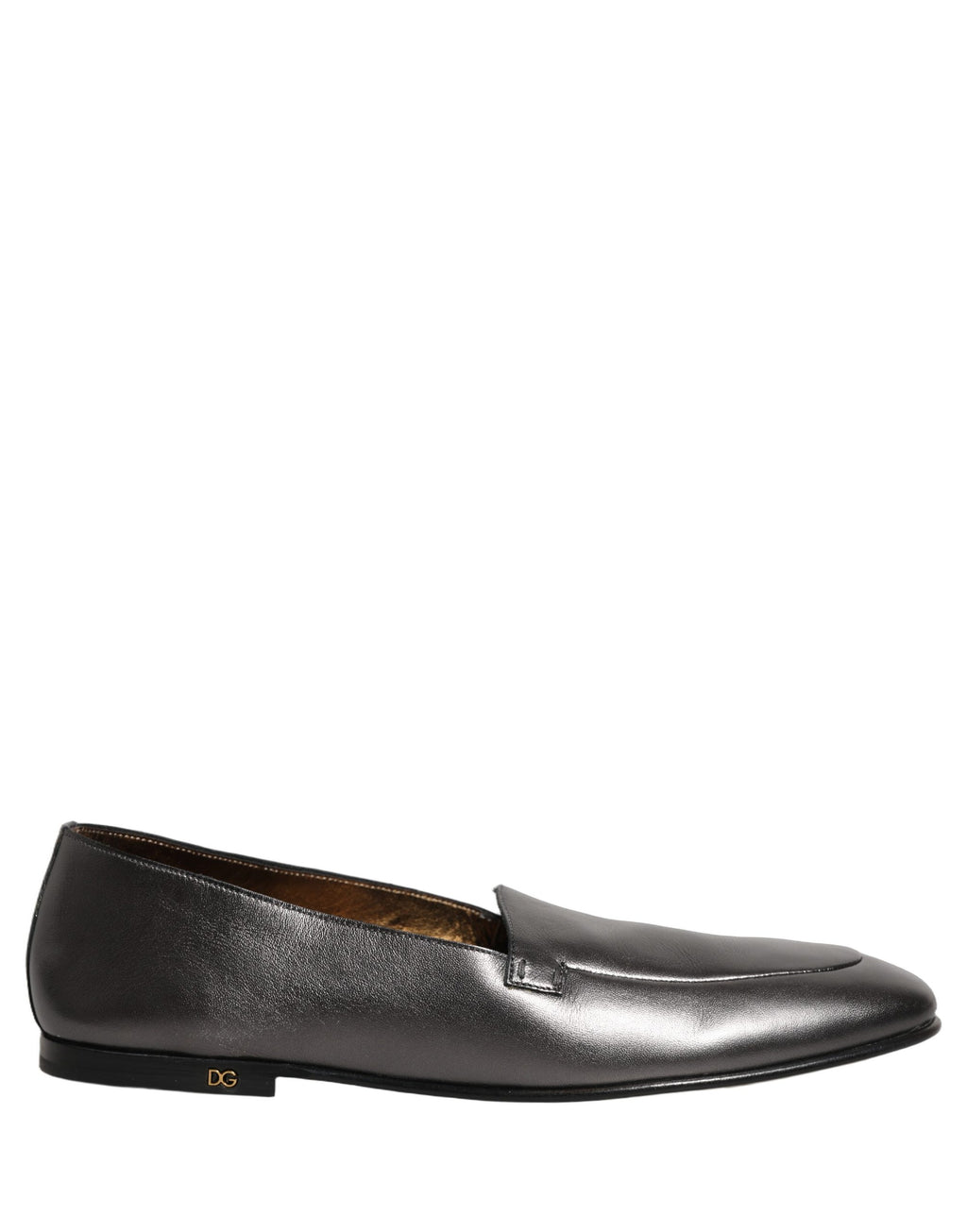 Chaussures mocassins en cuir argenté Dolce & Gabbana avec logo DG, slip-on élégants et modernes.